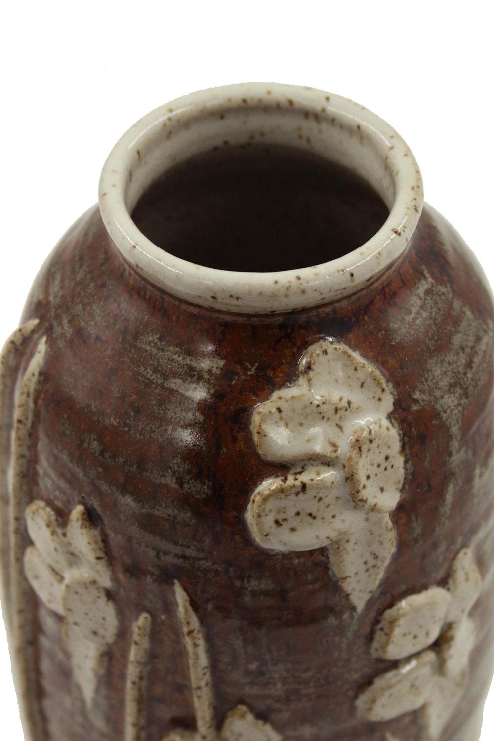 Floral Patterned Brown Earthenware Vase For Sale 1