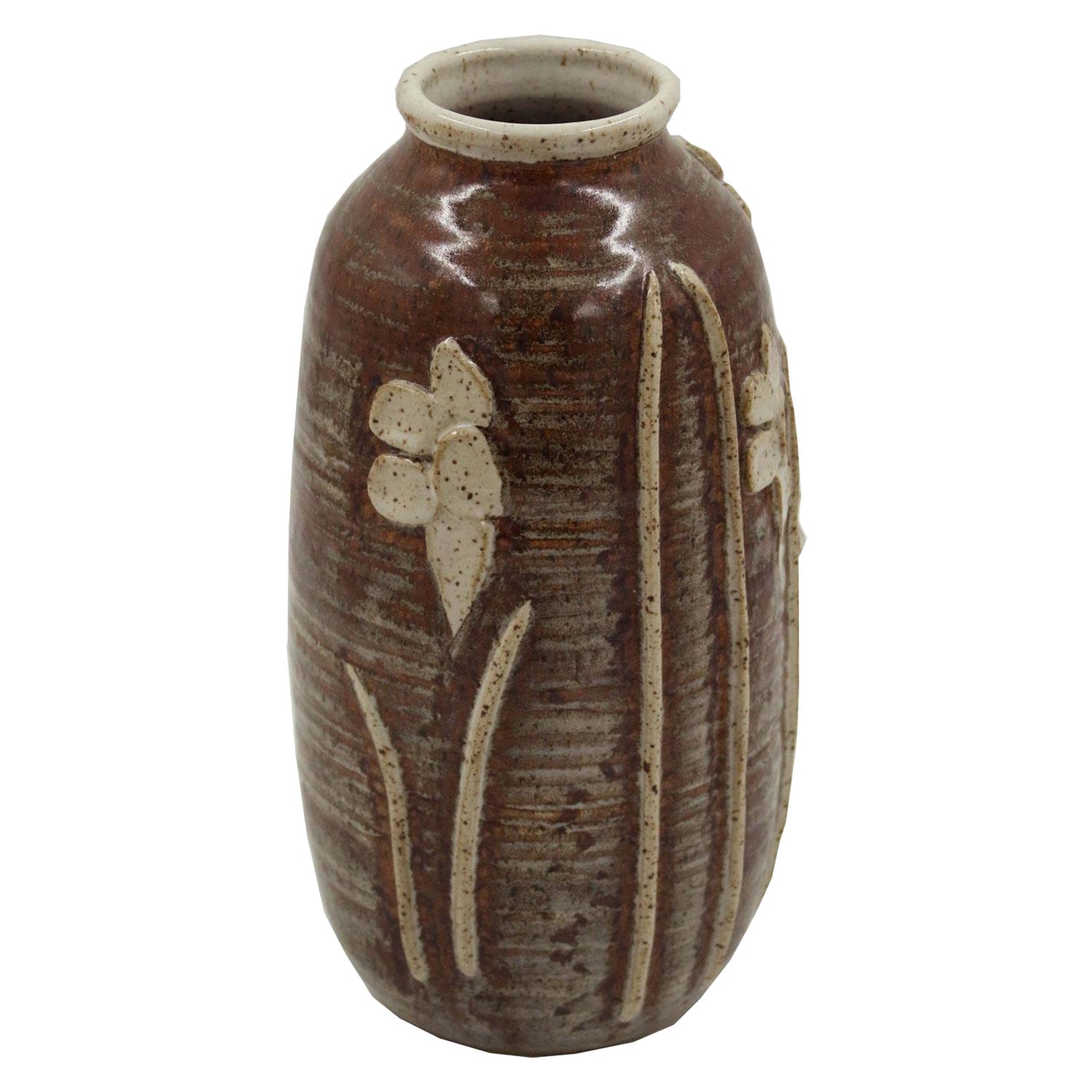 Floral Patterned Brown Earthenware Vase
