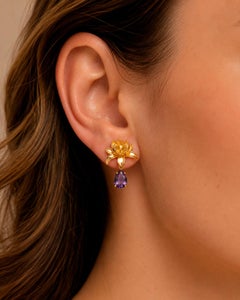 Floral Pear Amethyst Earrings Studs, silver, gold