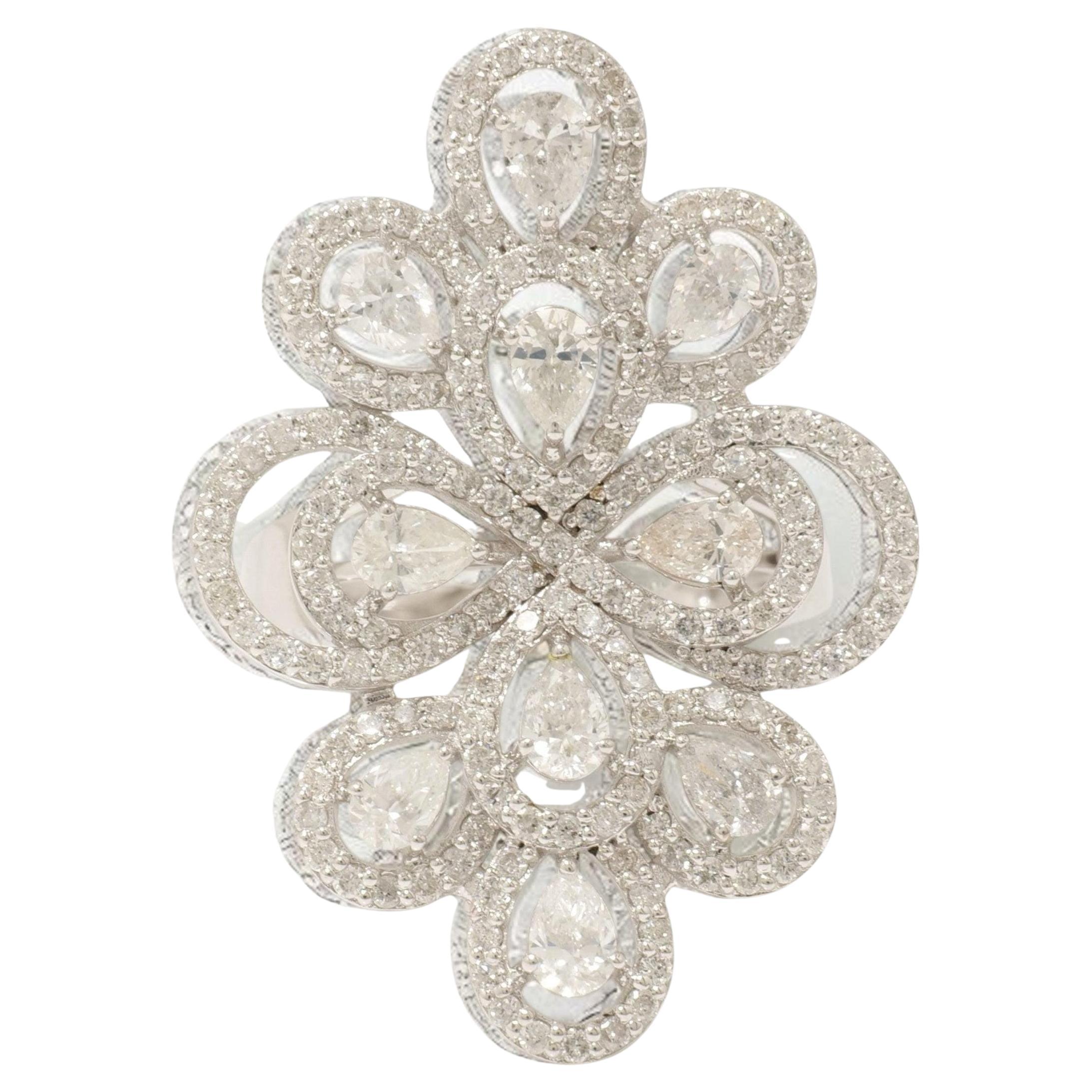 Floral Pear Halo Natural Diamond Statement Ring in 14k Solid Gold (Certified)