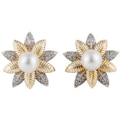 Floral Pearl and Diamond Earrings in 18 Karat Yellow Gold