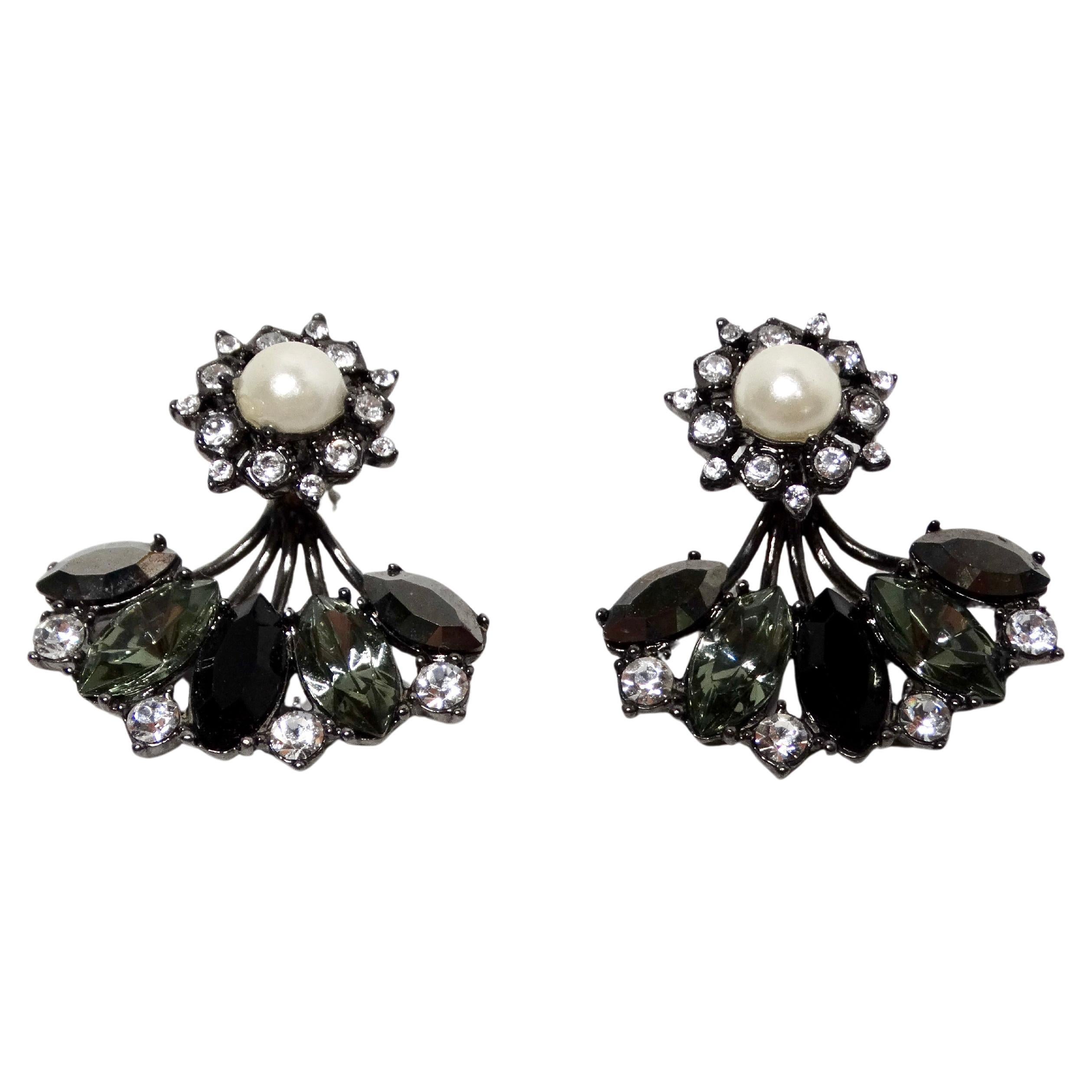Pendientes Abanico 2 Piezas Floral Perla y Cristal Chapado en Rodio Negro