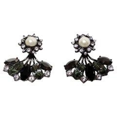 Floral Pearl & Crystal Black Rhodium Plated 2-Piece Fan Earrings