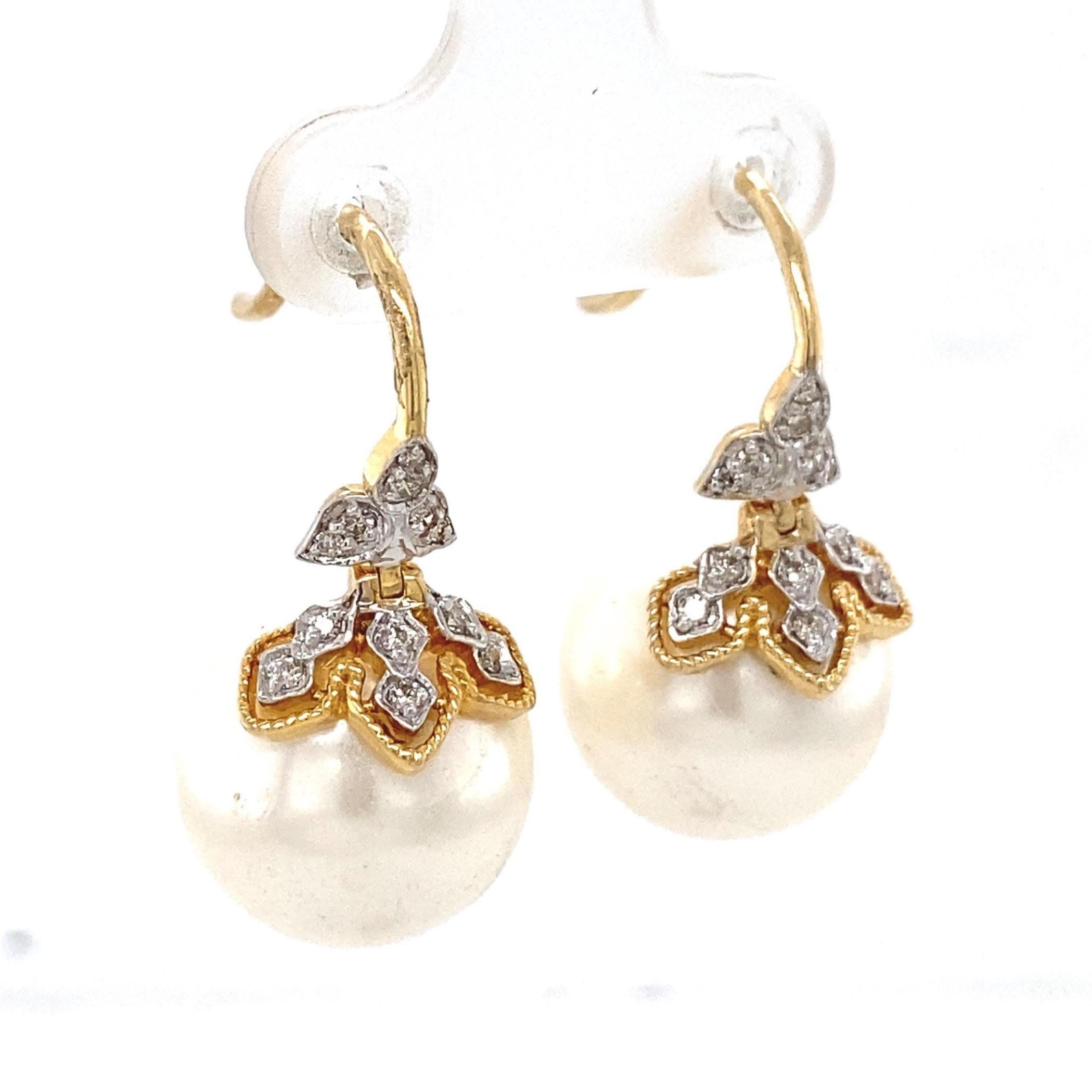 Art déco Pendants d'oreilles en or massif 14K avec perles florales et diamants (certifiés) en vente