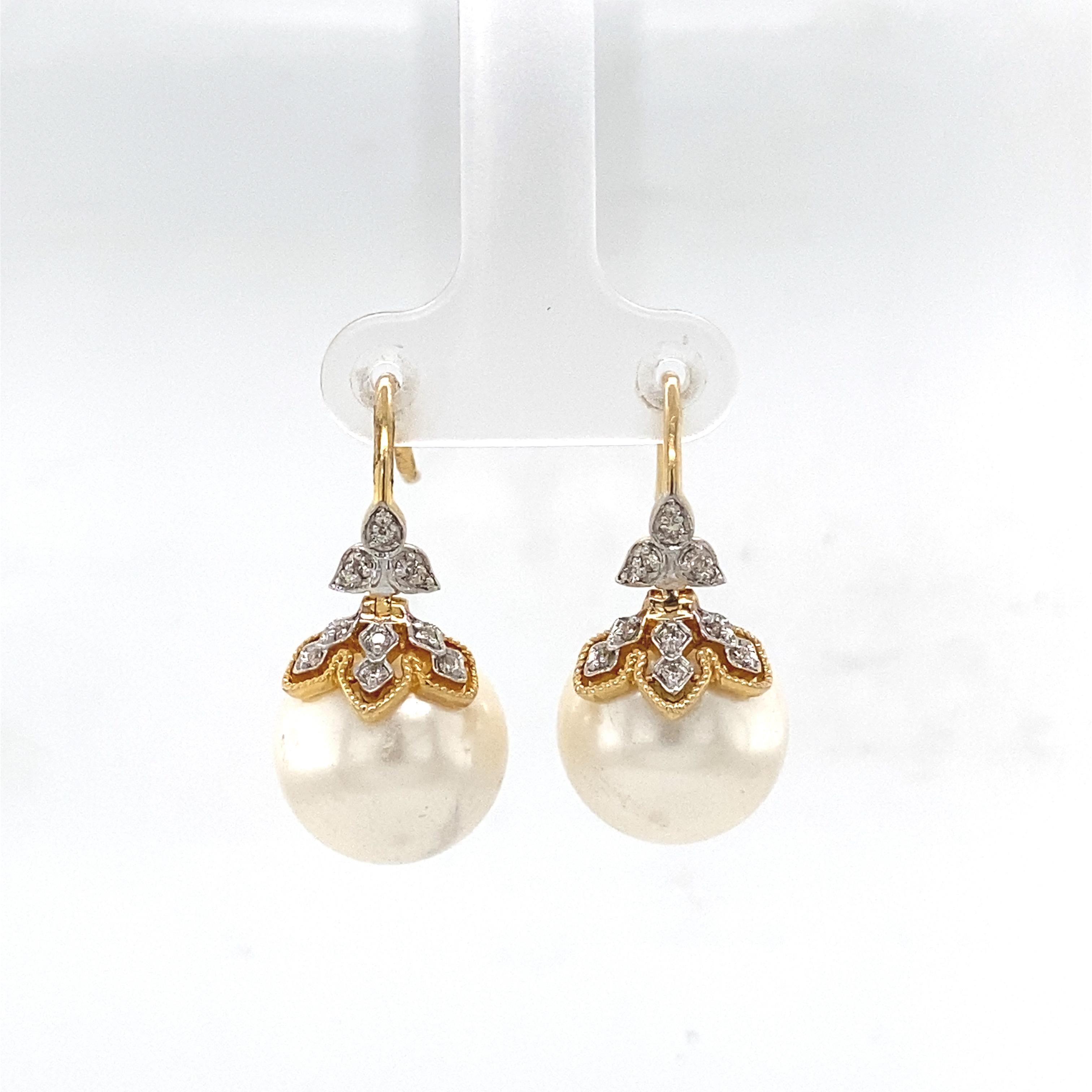 Floral Pearl Drop Diamond Earrings in 14K Solid Gold (Certified) For Sale 2
