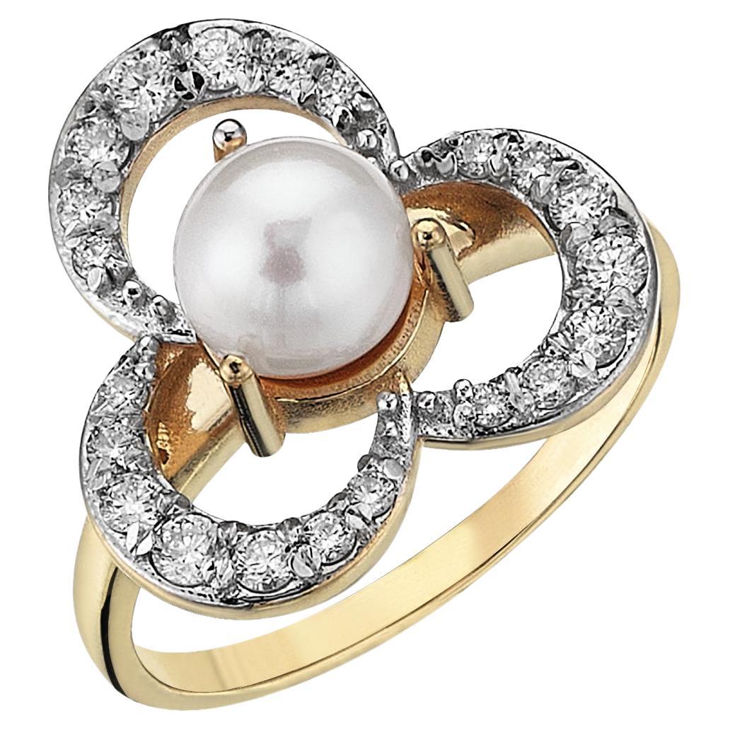 For Sale:  Floral Pearl Ring with Diamonds