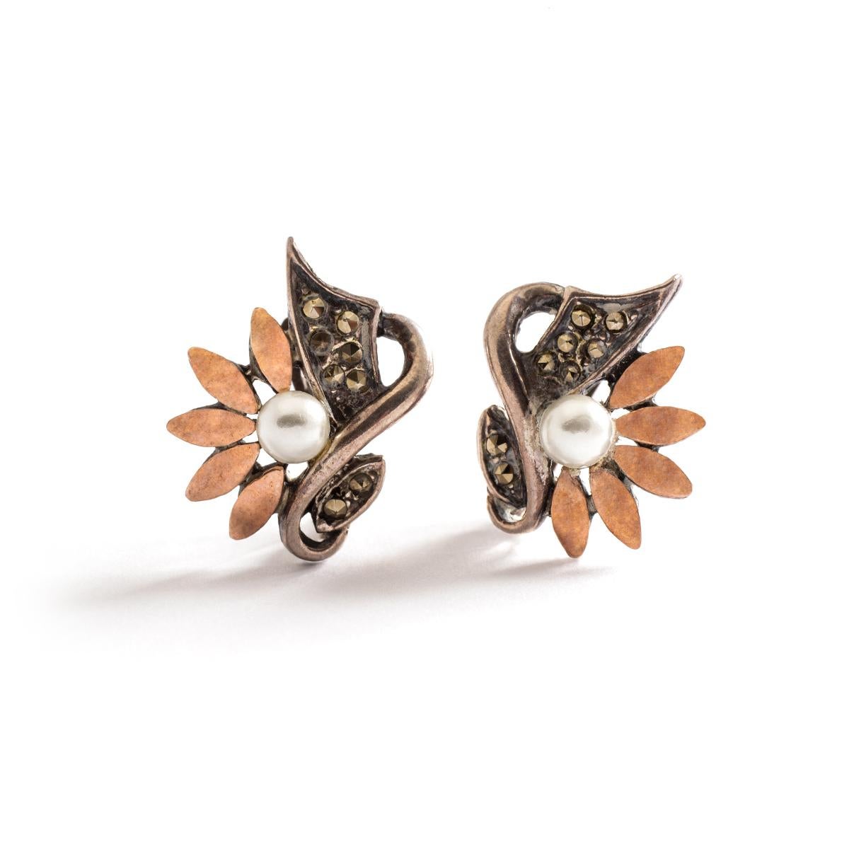 Art Nouveau Floral Pearl Silver Gold Earrings For Sale