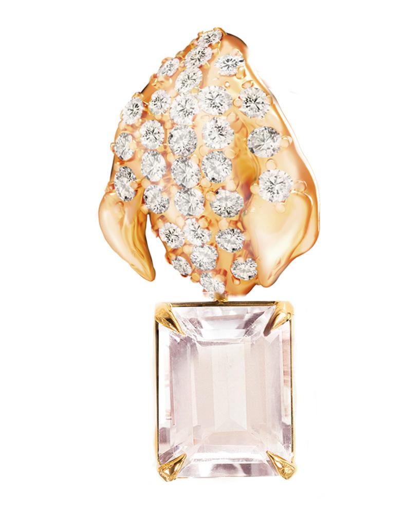 Octagon Cut Floral Pendant Necklace with Morganite and Diamonds in Yellow Gold For Sale