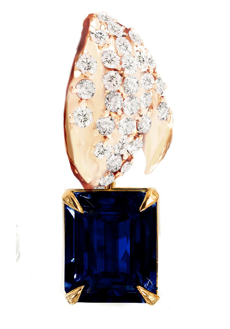 This contemporary Peony Petal floral brooch is in 18 karat rose gold with 31 round natural diamonds, VS, F-G, and natural octagon cut dark blue sapphire. The sculptural design adds the extra highlights to the surface of the gold. The diamonds add
