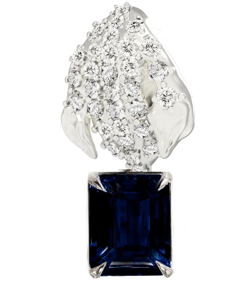 Floral Peony Petal Brooch with Sapphire and Diamonds in White Gold For Sale 6
