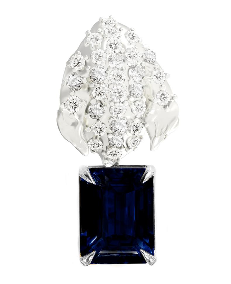 Floral Peony Petal Brooch with Sapphire and Diamonds in White Gold For Sale 8