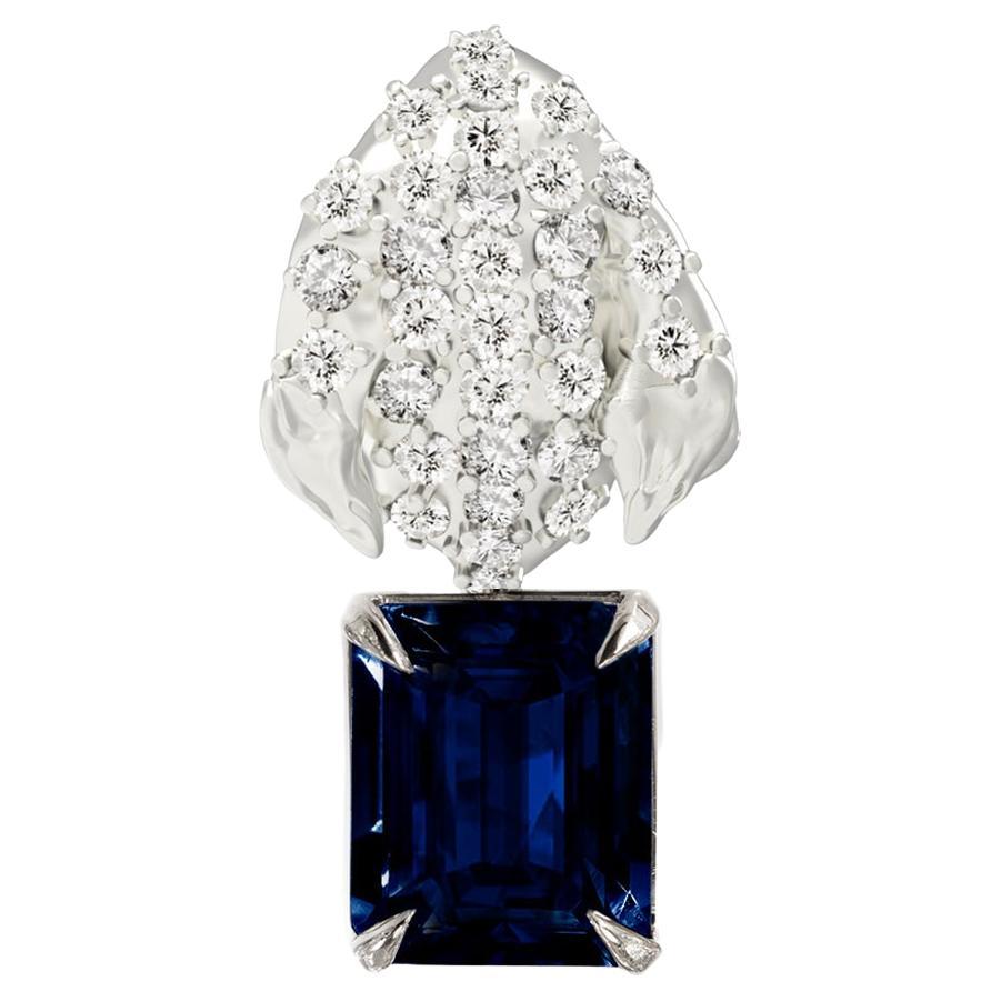 Floral Peony Petal Brooch with Sapphire and Diamonds in White Gold