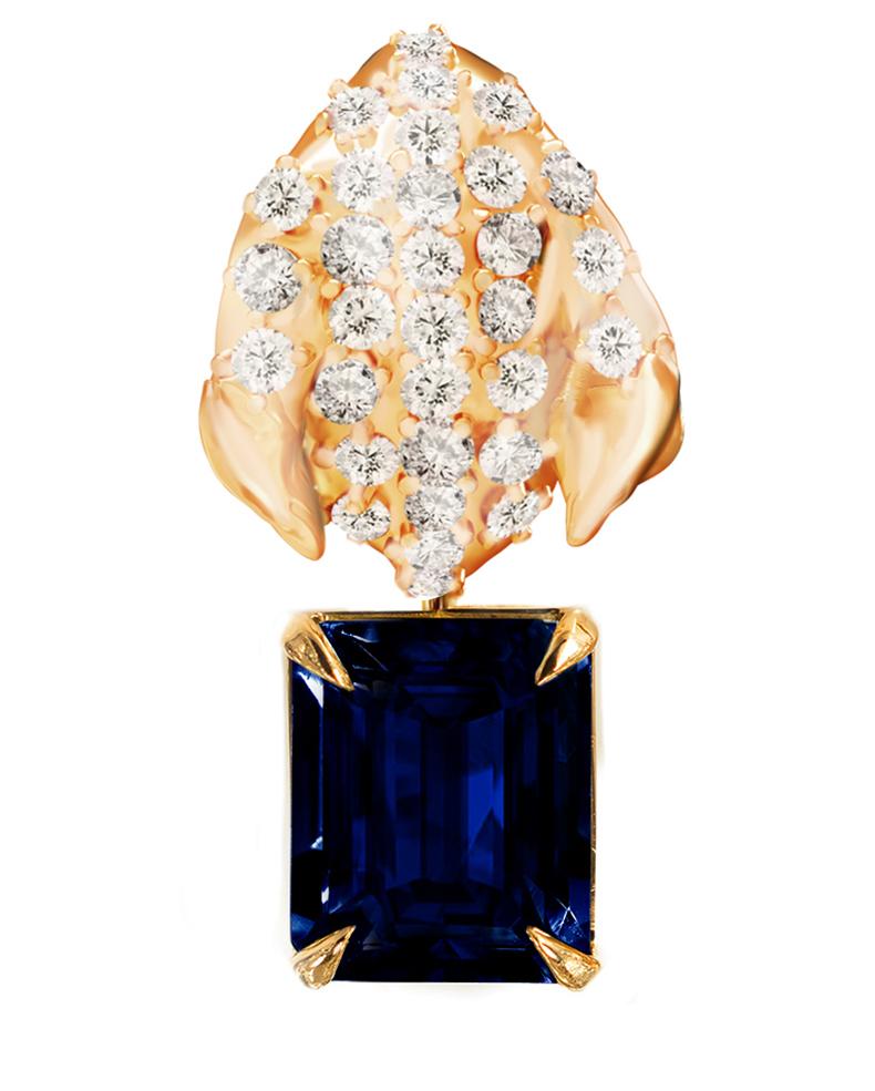 Floral Peony Petal Brooch with Sapphire and Diamonds in Yellow Gold For Sale 1
