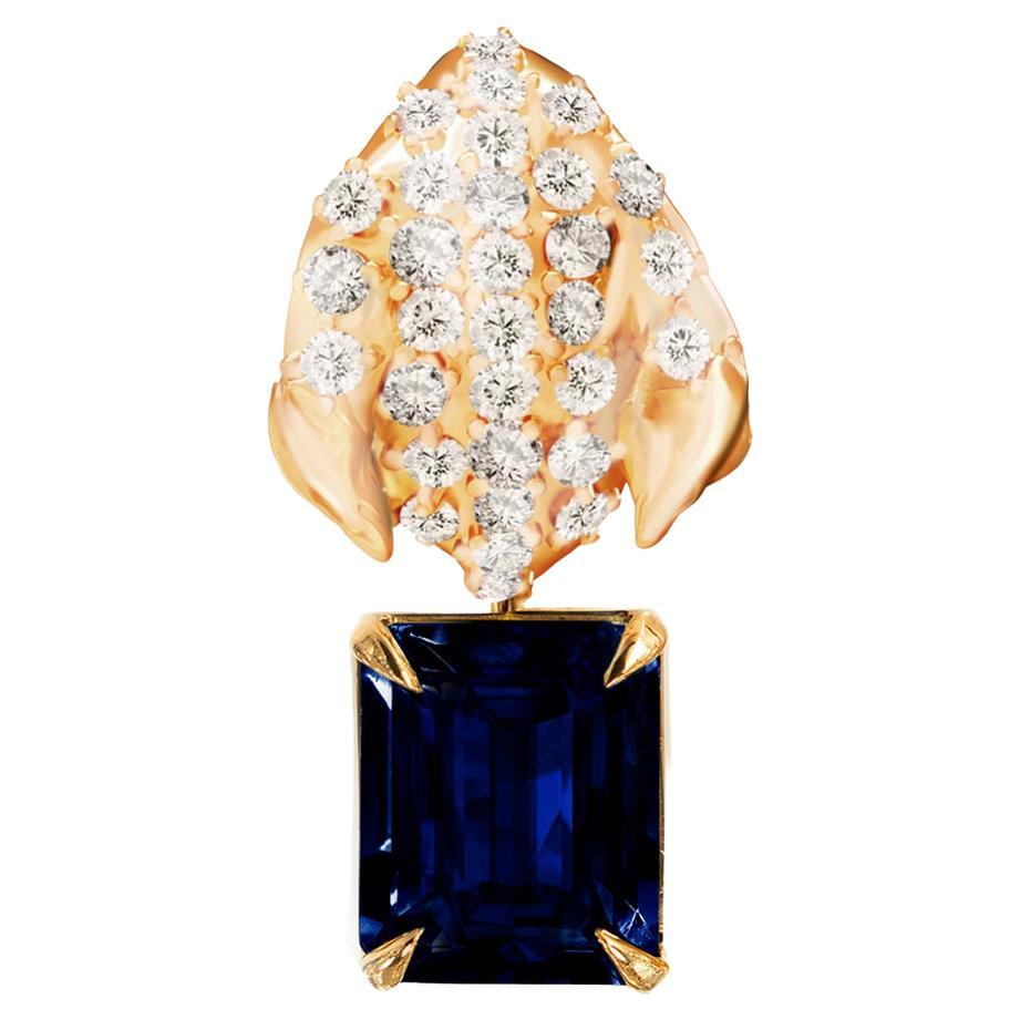 Floral Peony Petal Brooch with Sapphire and Diamonds in Yellow Gold