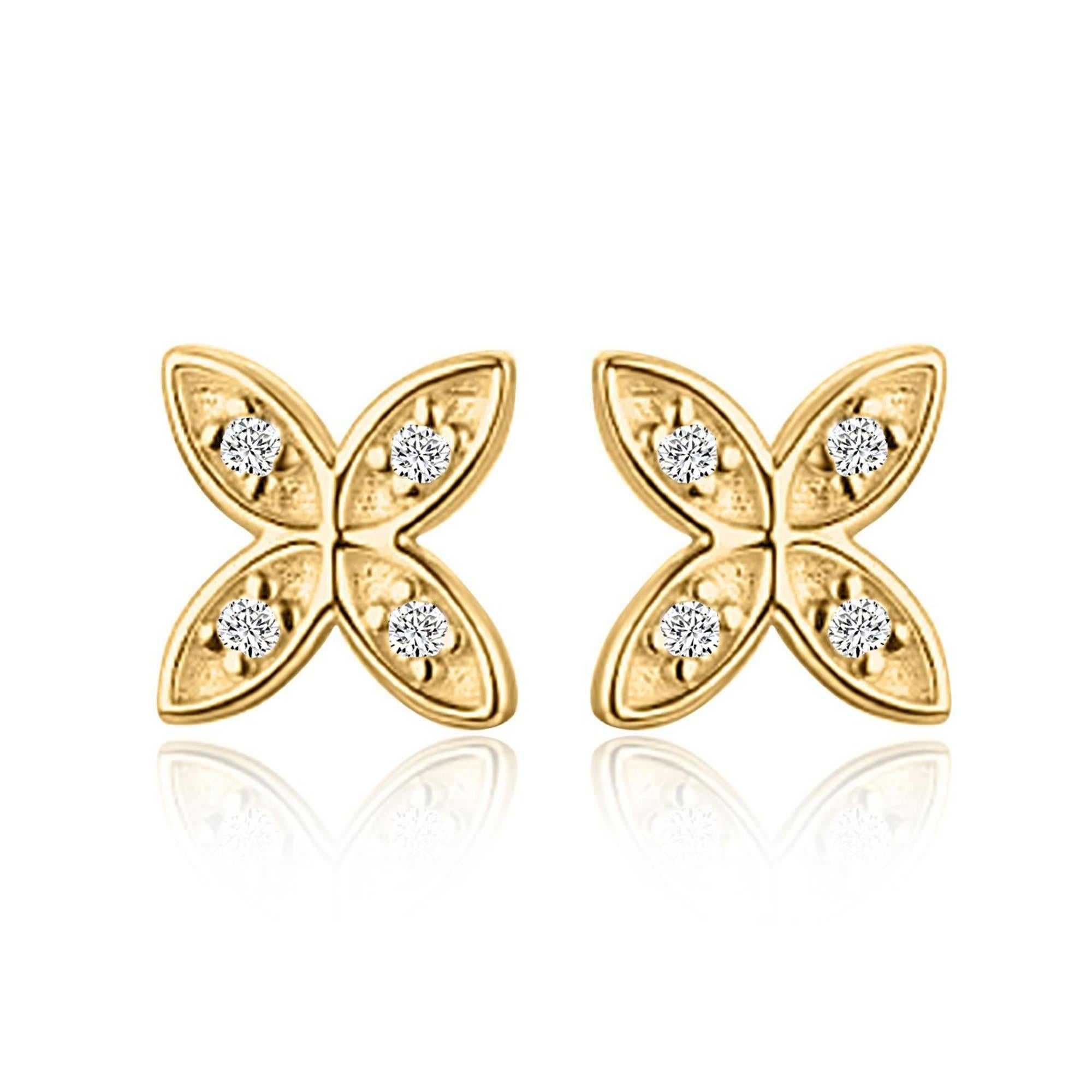 Clous d'oreilles en or jaune 14 carats avec pétales de fleurs et diamants