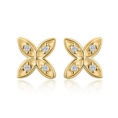 Clous d'oreilles en or jaune 14 carats avec pétales de fleurs et diamants