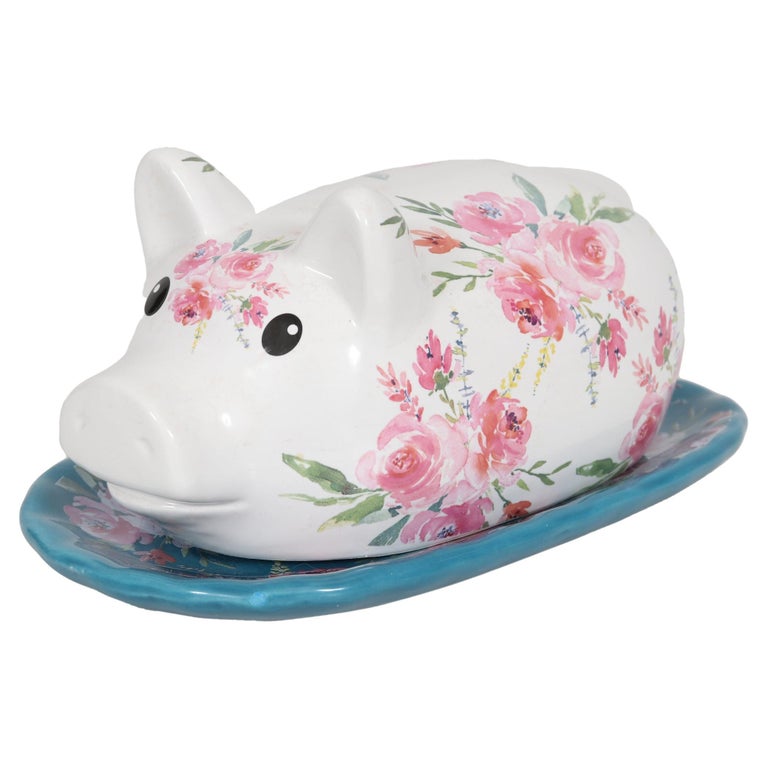 Floral Pig Ceramic Butter Dish For Sale at 1stDibs