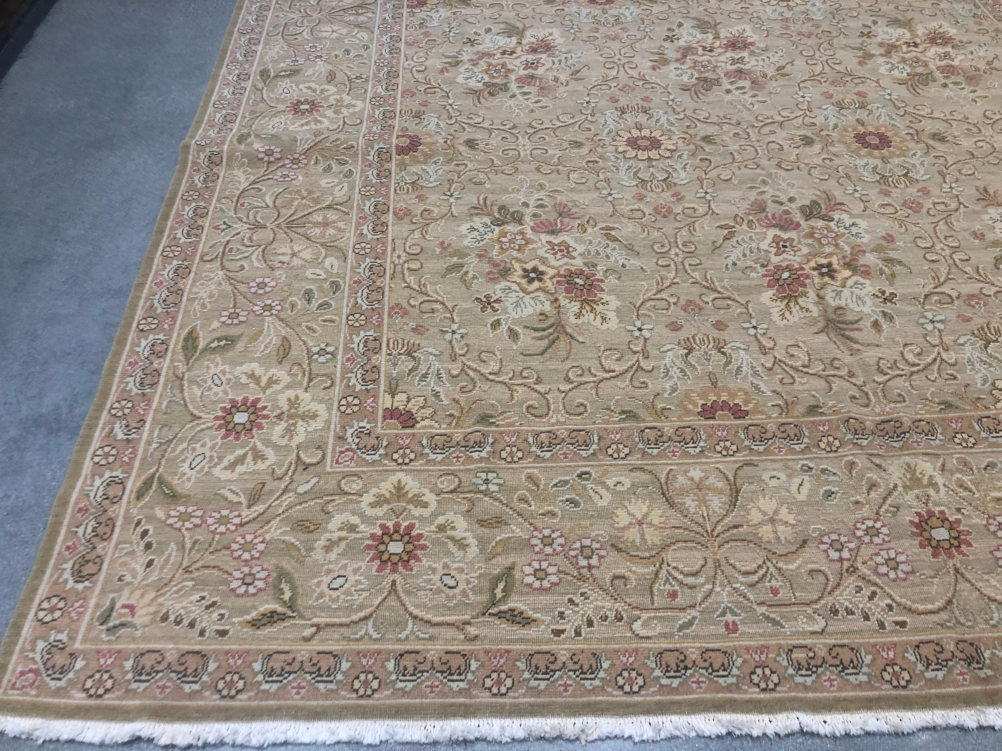 Hand-Knotted Floral Pink and Beige Rug For Sale