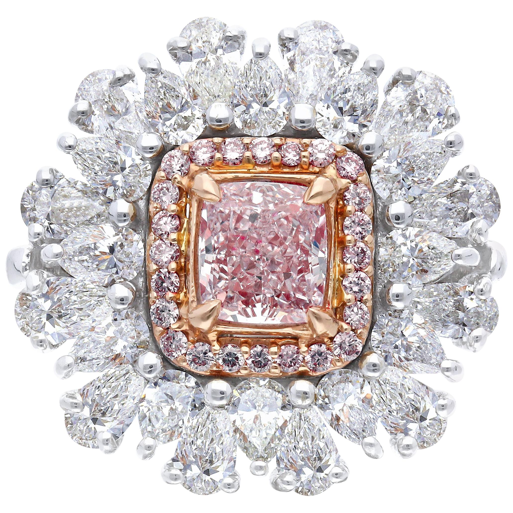 Floral Pink Cushion Diamond Solitaire Ring, 3.49 Carat