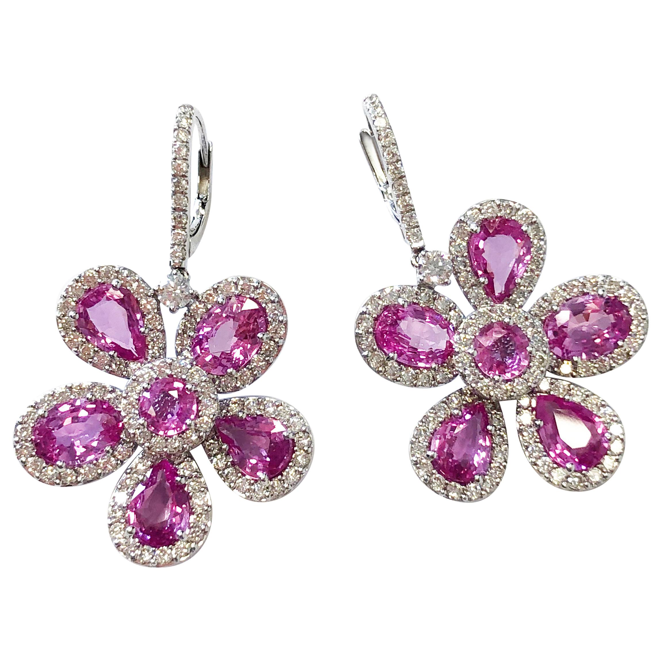 Floral Pink Sapphire and Diamond Dangle Earrings in 18 Karat White Gold