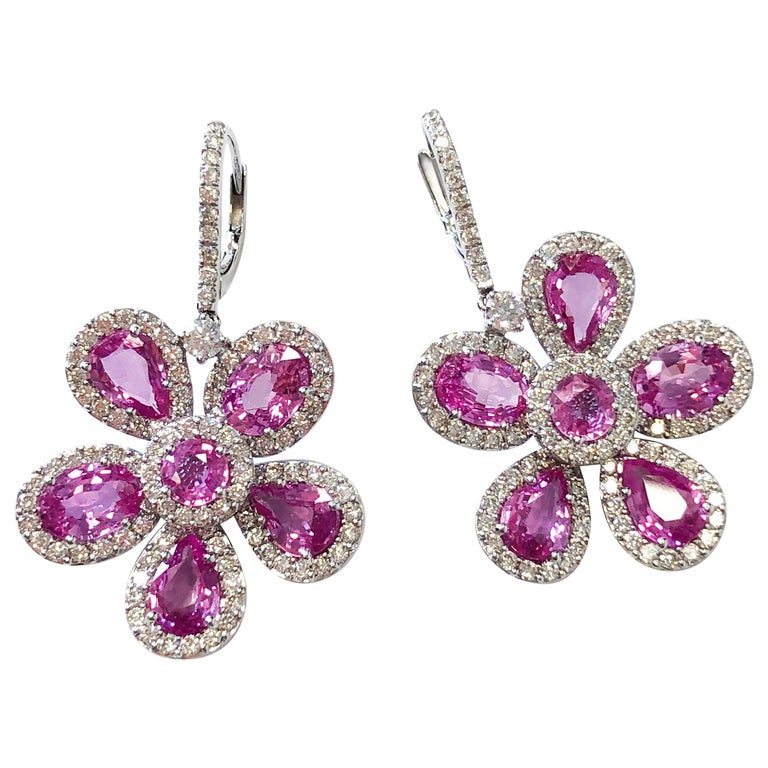 Floral Pink Sapphire and Diamond Dangle Earrings in 18 Karat White Gold at  1stDibs
