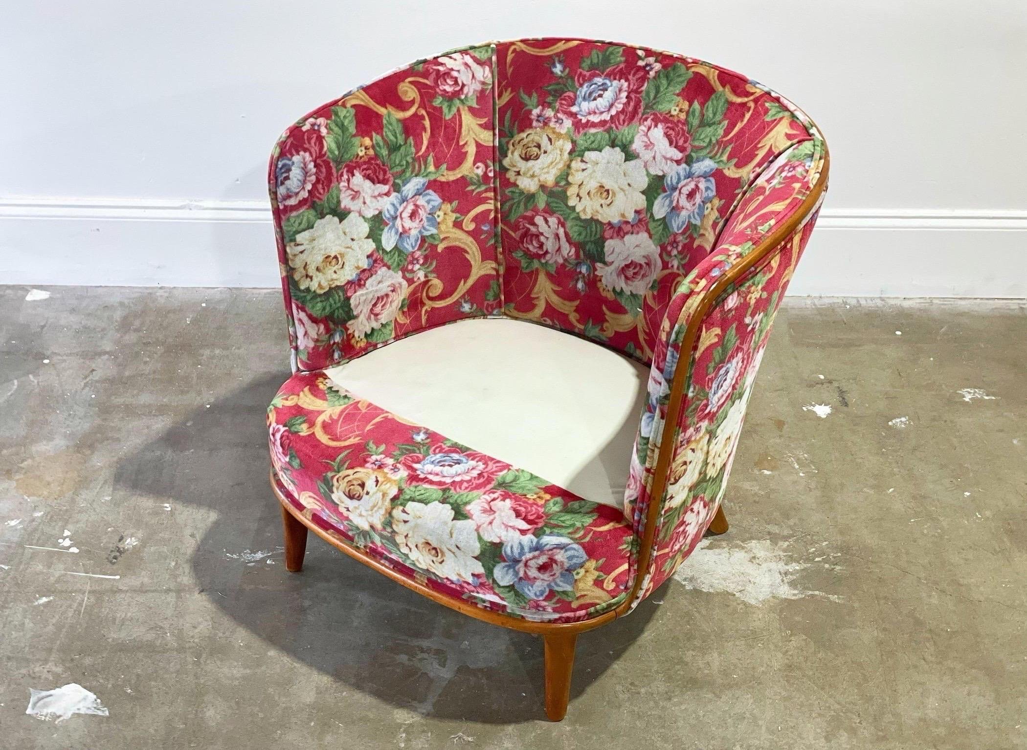 Floral Pink Velvet Midcentury Lounge Arm Chair, After TH Robsjohn Gibbings 3