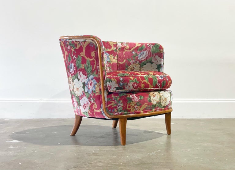 Floral Pink Velvet Midcentury Lounge Arm Chair, After TH Robsjohn Gibbings For Sale 5