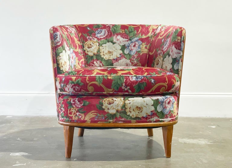 Stunning Mid-Century Modern petite lounge chair after T.H. Robsjohn Gibbings. Featuring sculpted maple frame and trim detail and new deep pink floral velvet upholstery. Gorgeous modern organic lines with a nod to Art Deco. The proportions are this