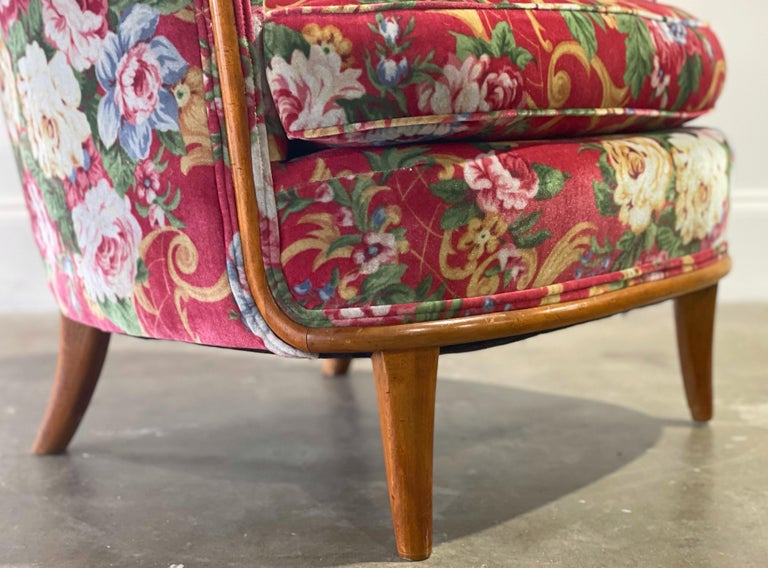 Mid-Century Modern Floral Pink Velvet Midcentury Lounge Arm Chair, After TH Robsjohn Gibbings For Sale