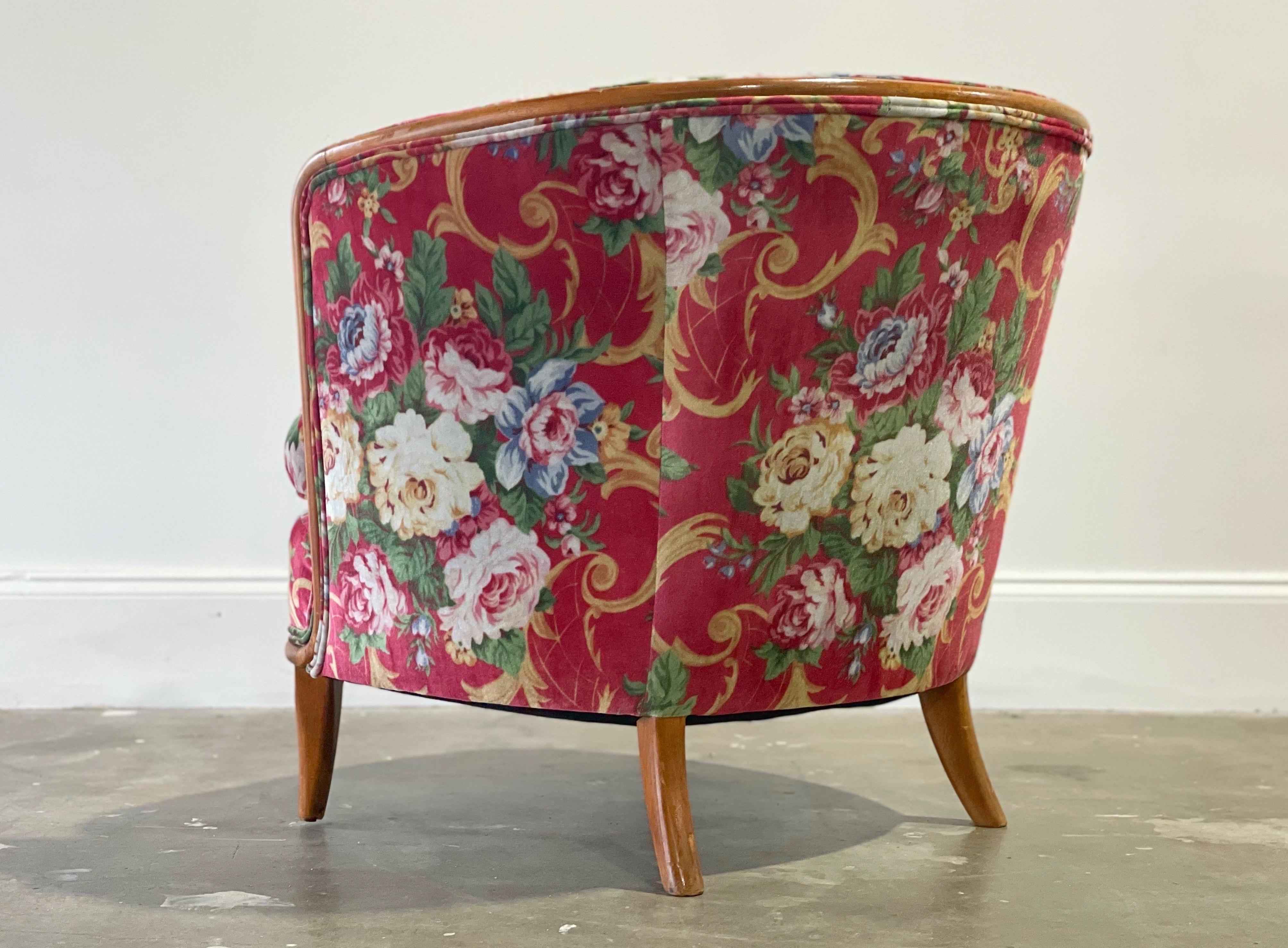 Mid-Century Modern Floral Pink Velvet Midcentury Lounge Arm Chair, After TH Robsjohn Gibbings