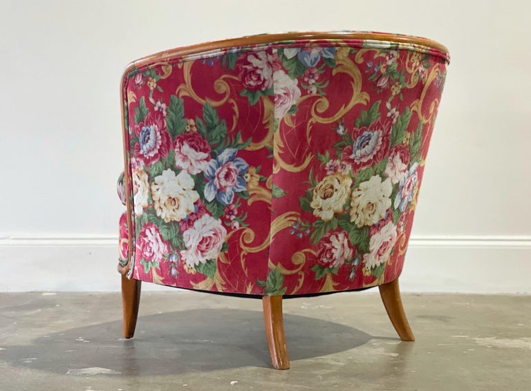 American Floral Pink Velvet Midcentury Lounge Arm Chair, After TH Robsjohn Gibbings For Sale