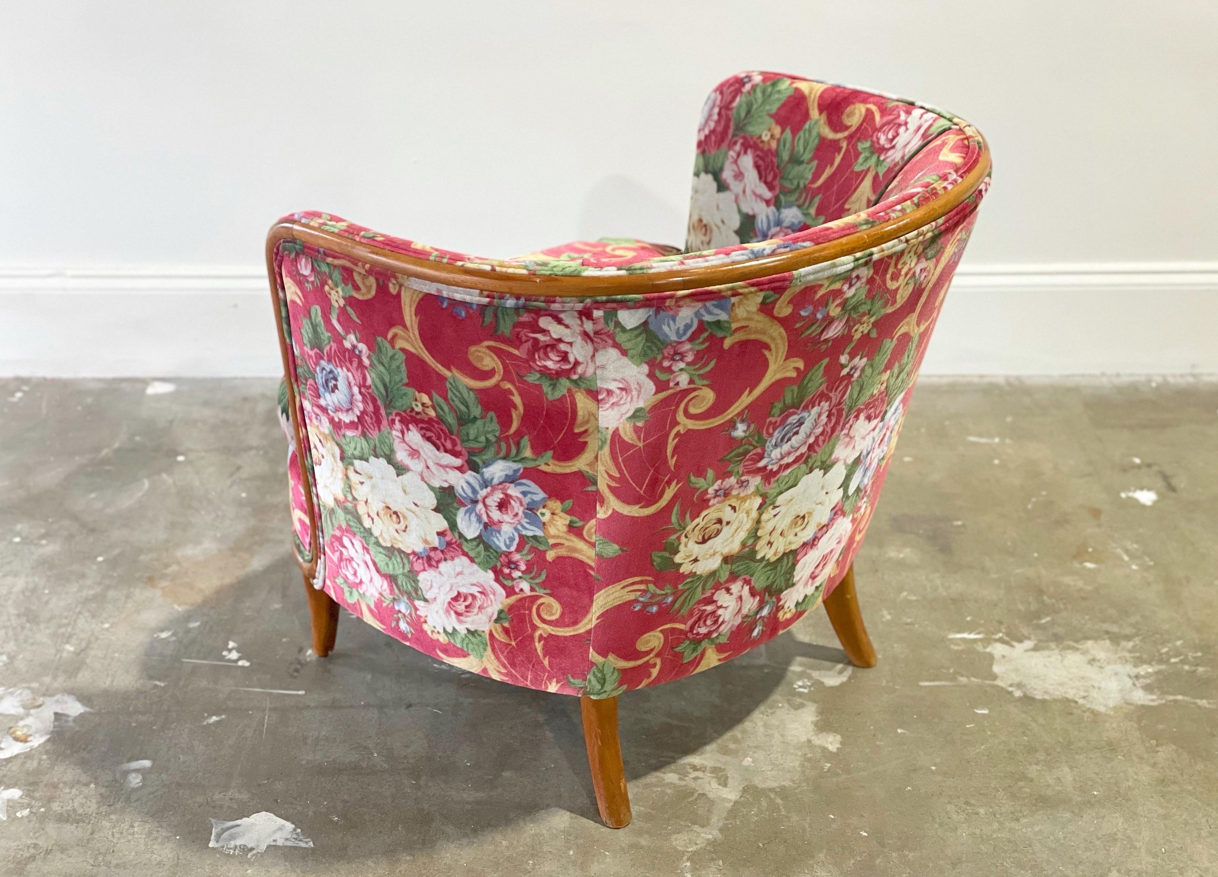 American Floral Pink Velvet Midcentury Lounge Arm Chair, After TH Robsjohn Gibbings