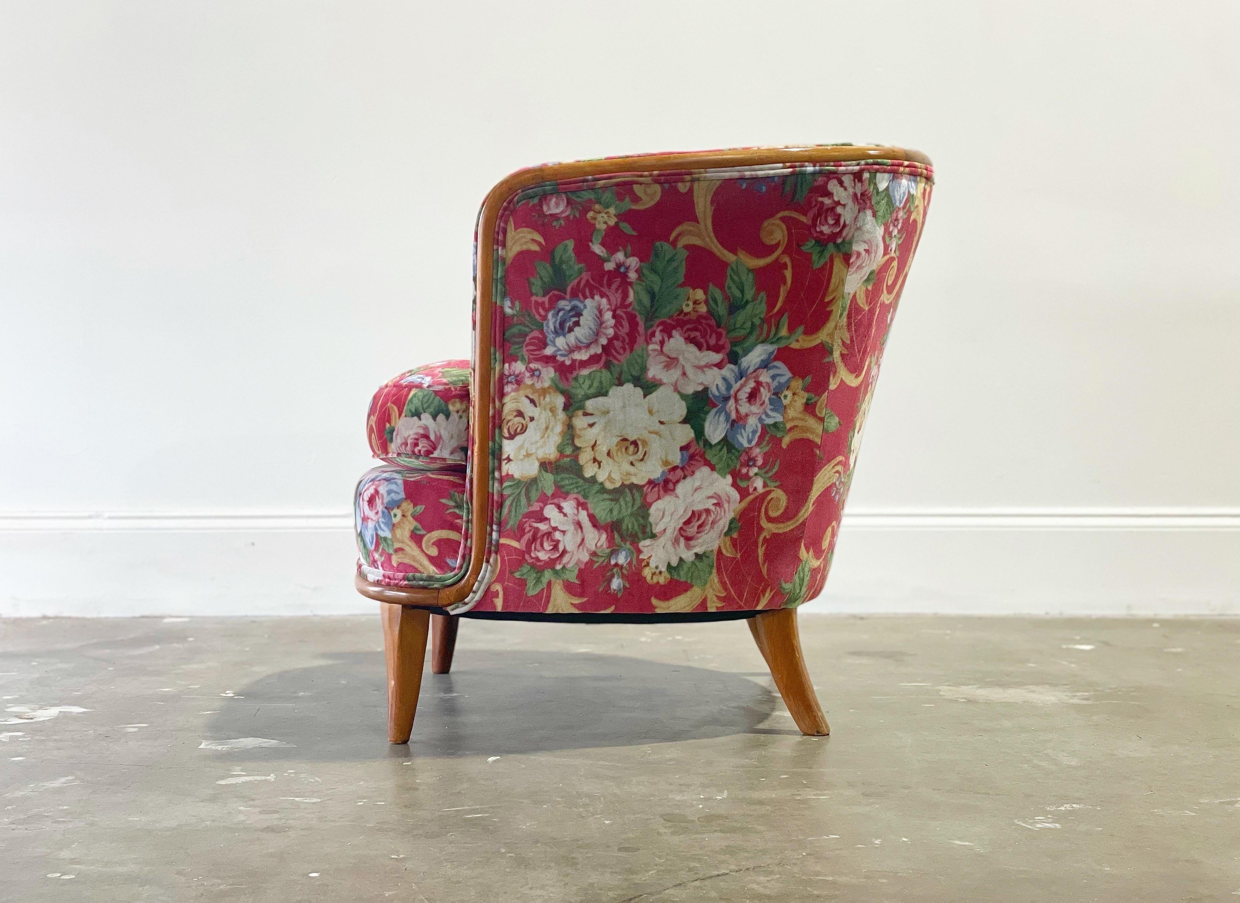 Floral Pink Velvet Midcentury Lounge Arm Chair, After TH Robsjohn Gibbings In Good Condition In Decatur, GA