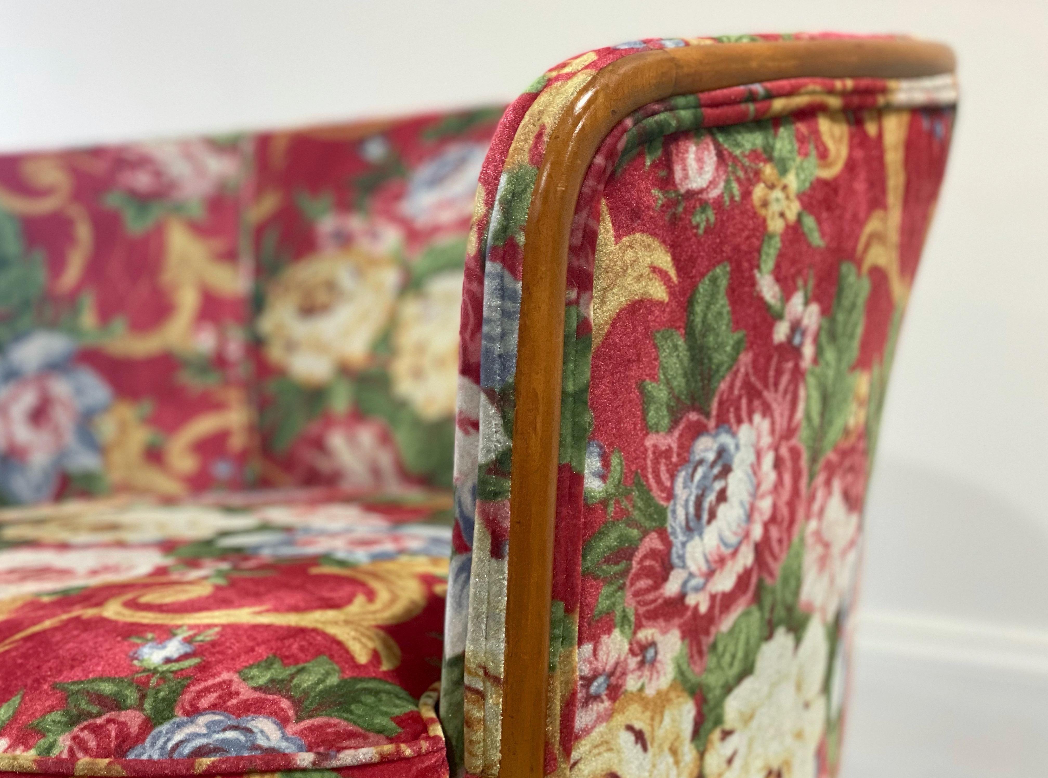 Mid-20th Century Floral Pink Velvet Midcentury Lounge Arm Chair, After TH Robsjohn Gibbings