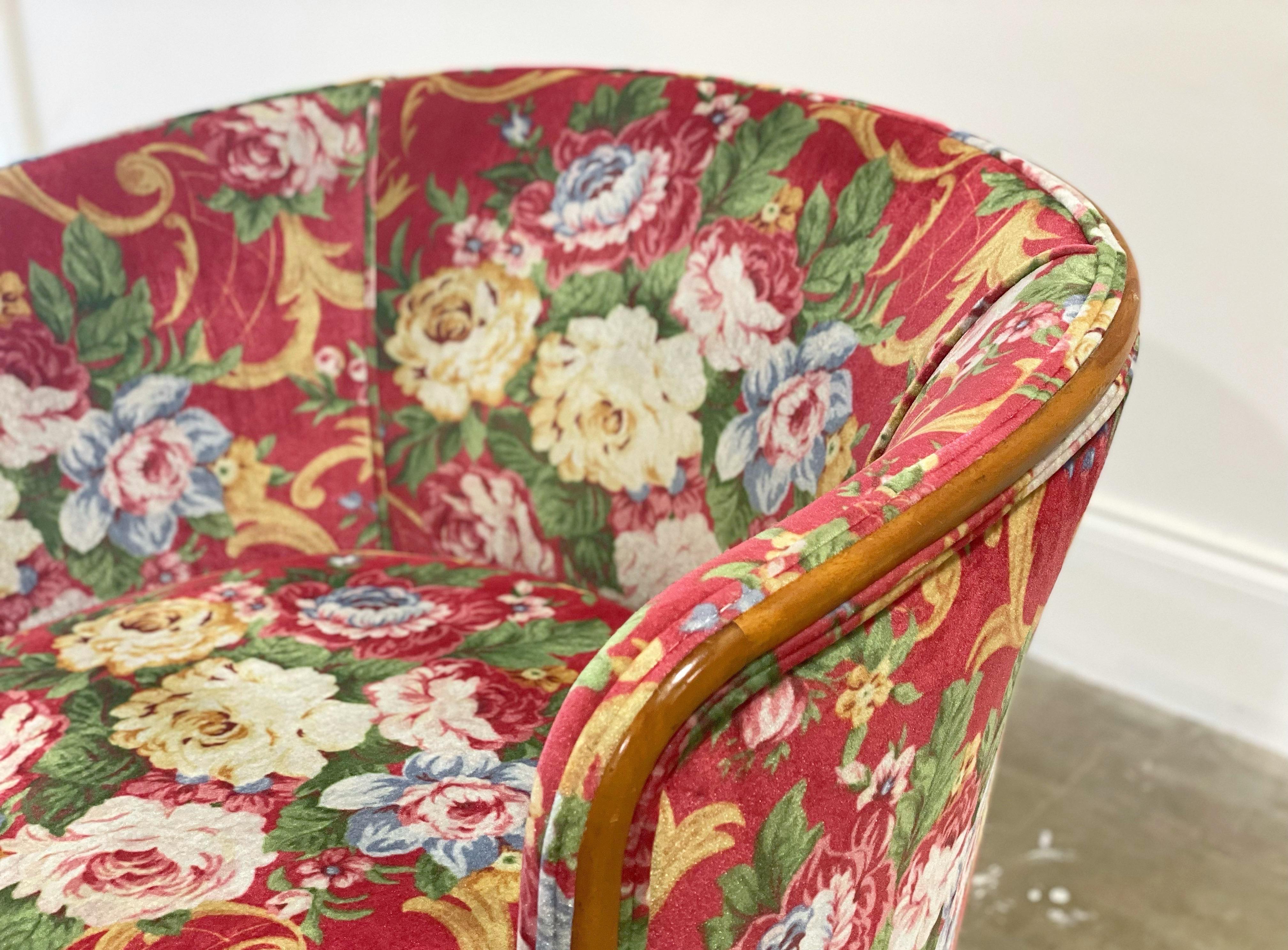Floral Pink Velvet Midcentury Lounge Arm Chair, After TH Robsjohn Gibbings 1