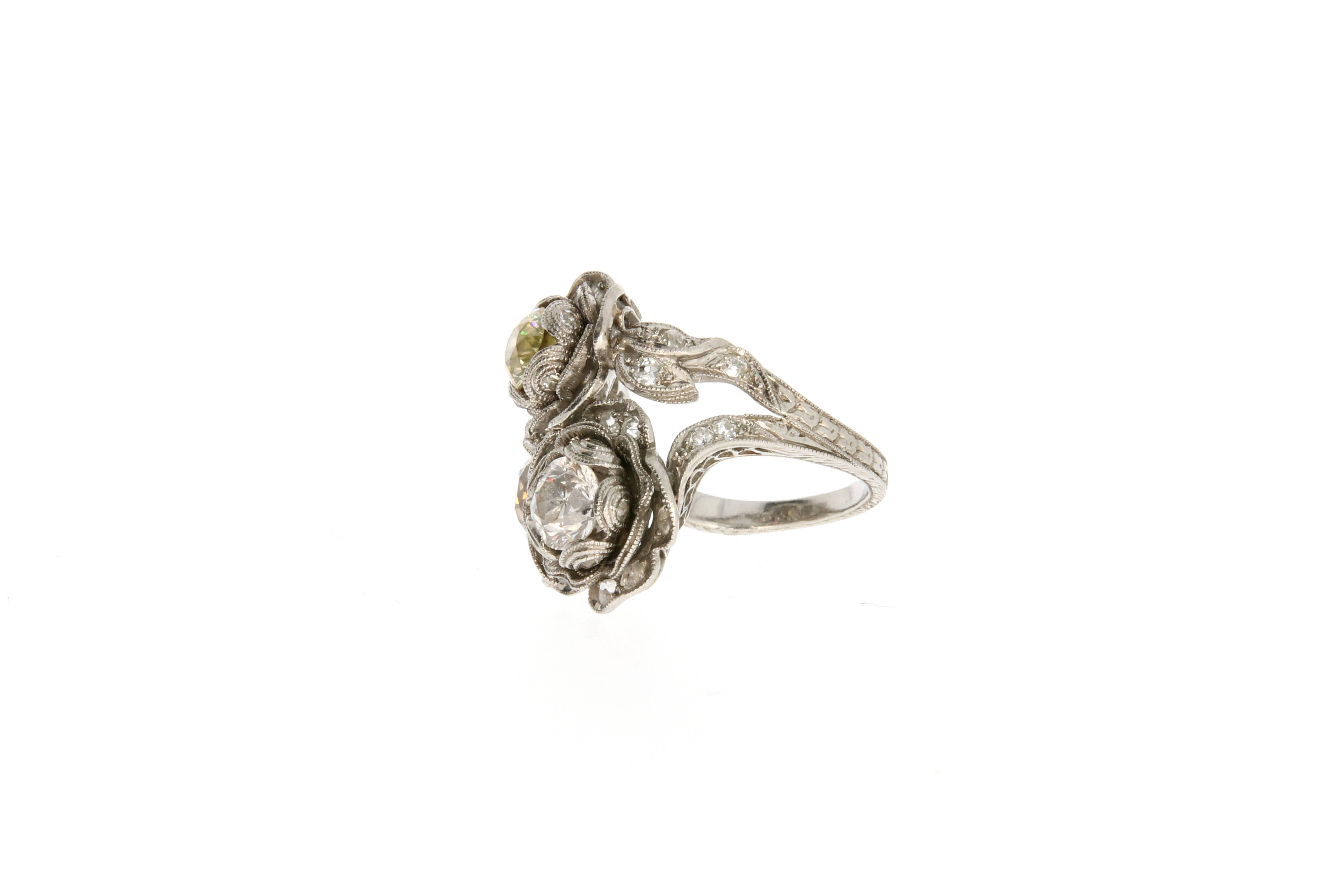 Old European Cut Floral Platinum and Fancy Diamond Cocktail Ring, circa 1910 For Sale
