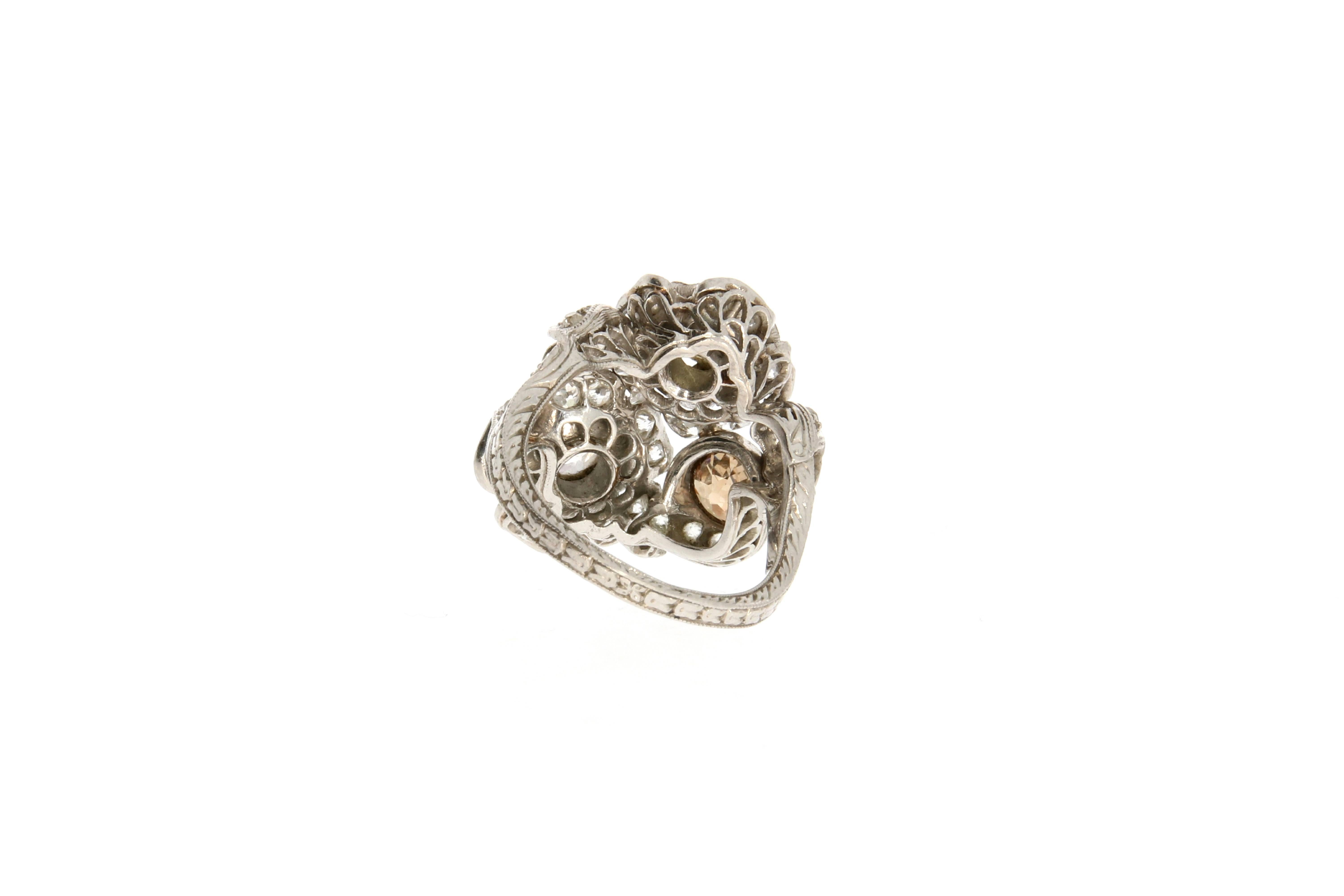 Women's Floral Platinum and Fancy Diamond Cocktail Ring, circa 1910 For Sale