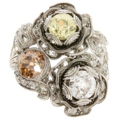 Antique Floral Platinum and Fancy Diamond Cocktail Ring, circa 1910
