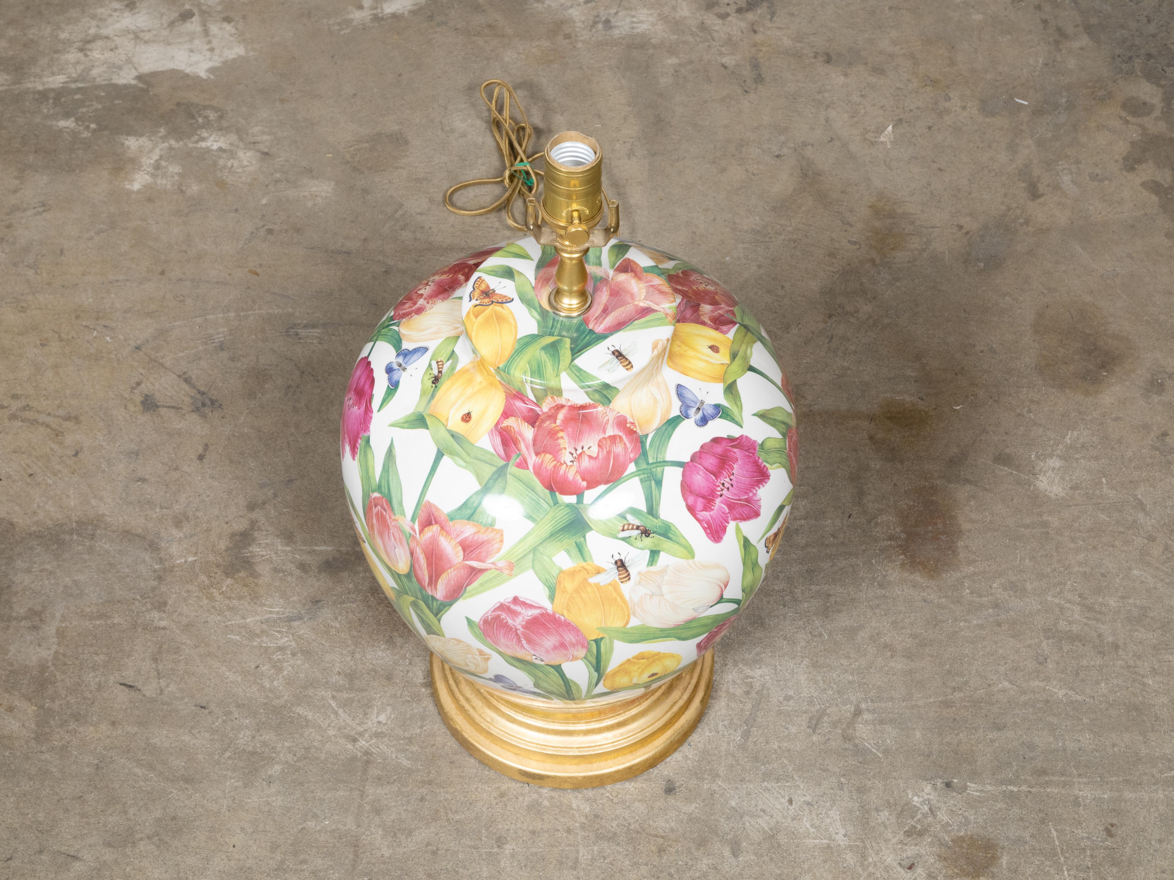 Floral Porcelain Table Lamp with Single Socket on Giltwood Base, US Wired For Sale 4
