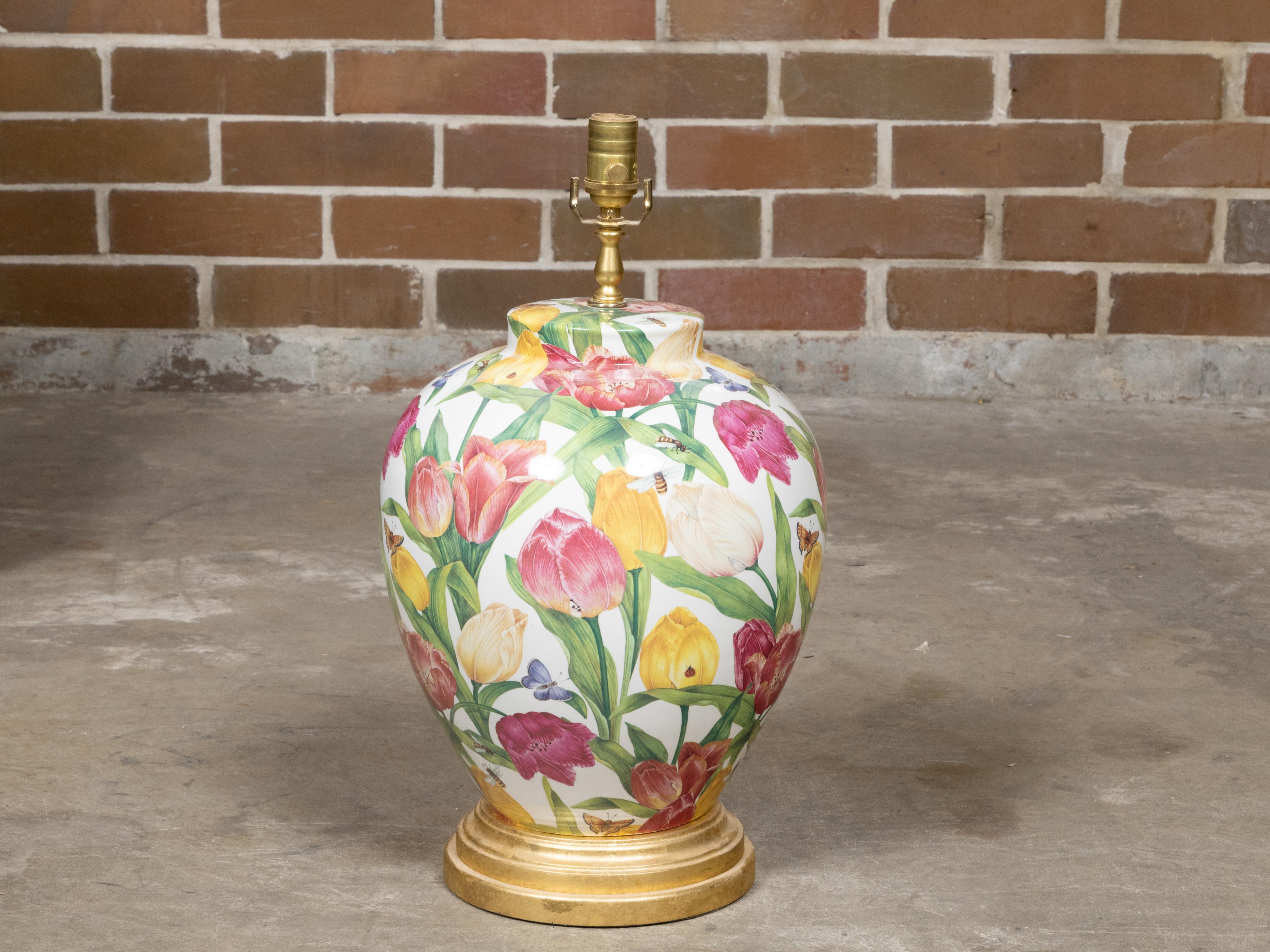 Floral Porcelain Table Lamp with Single Socket on Giltwood Base, US Wired For Sale 5