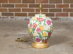 Floral Porcelain Table Lamp with Single Socket on Giltwood Base, US Wired