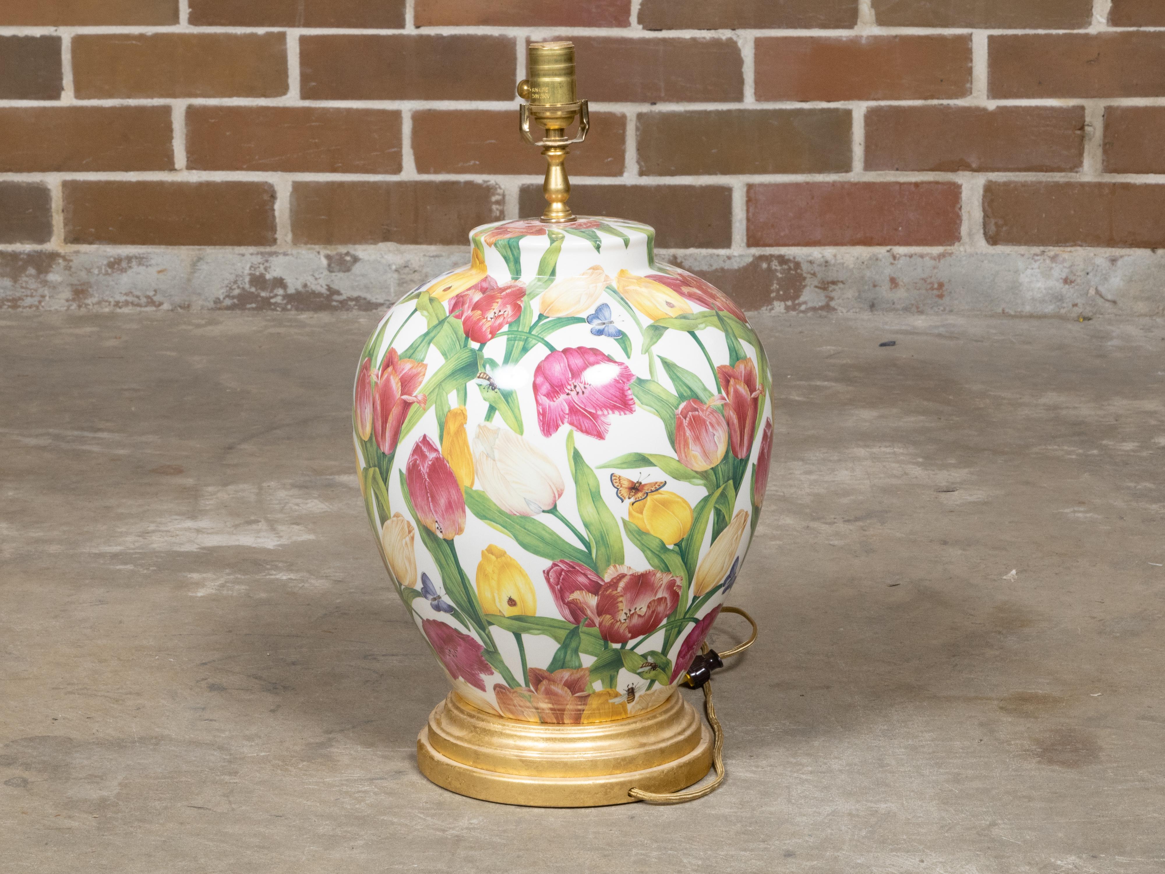 Painted Floral Porcelain Table Lamp with Single Socket on Giltwood Base, US Wired For Sale