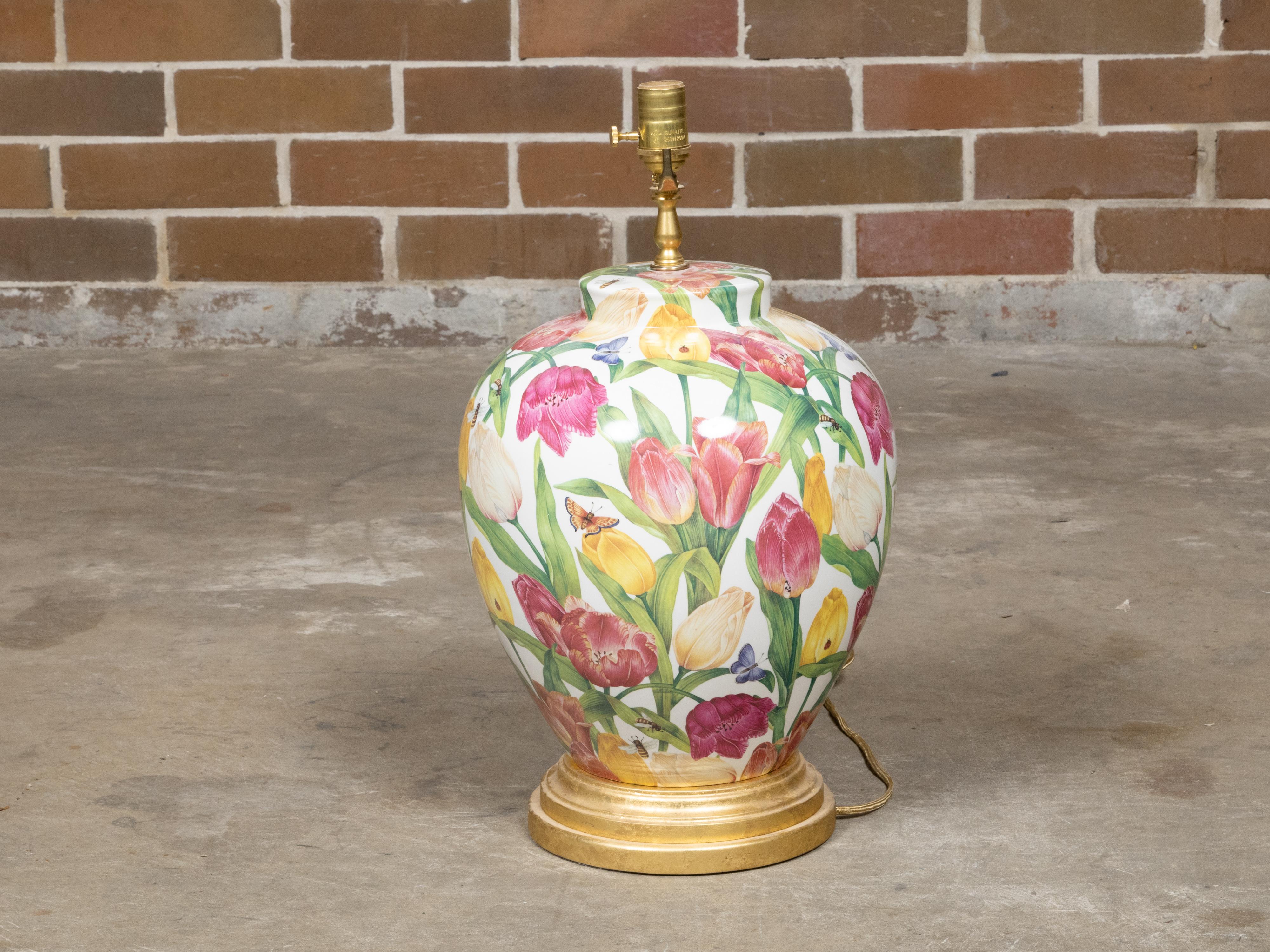 Floral Porcelain Table Lamp with Single Socket on Giltwood Base, US Wired In Good Condition For Sale In Atlanta, GA