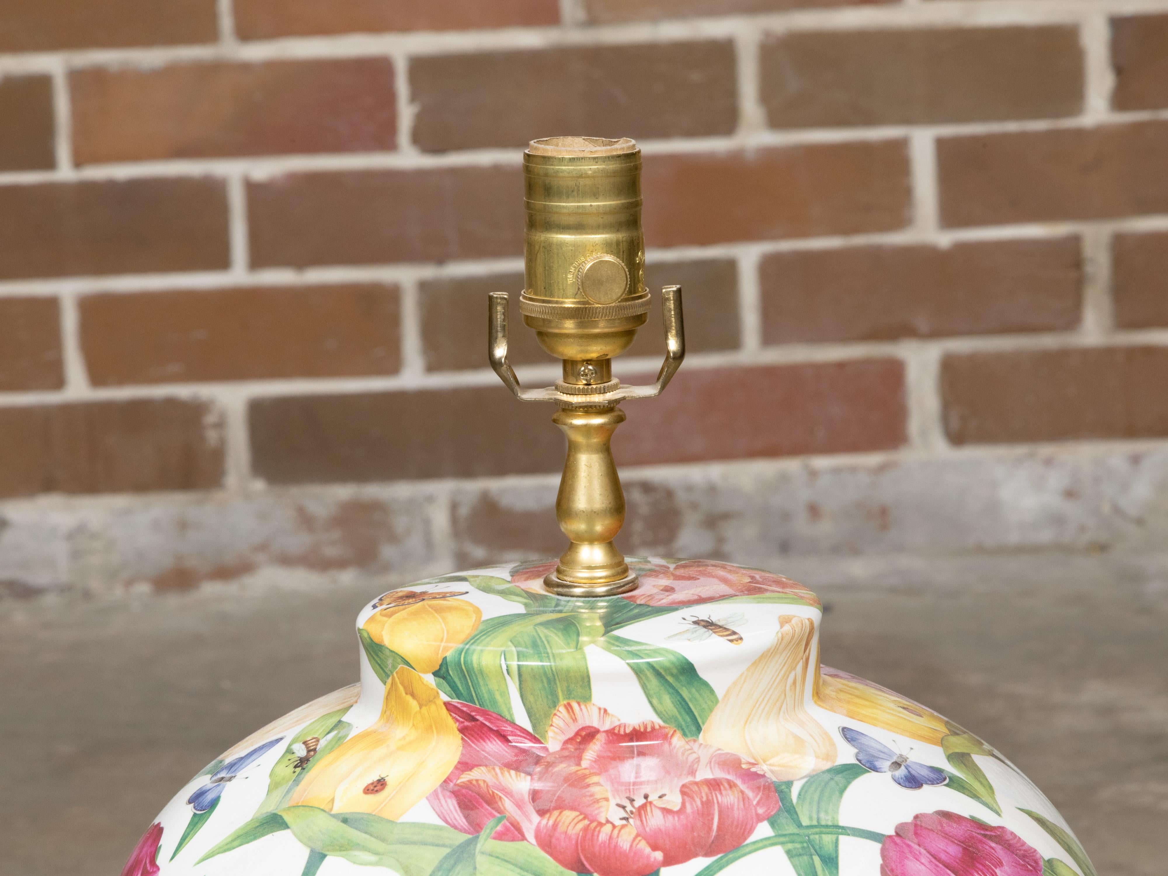 Contemporary Floral Porcelain Table Lamp with Single Socket on Giltwood Base, US Wired For Sale