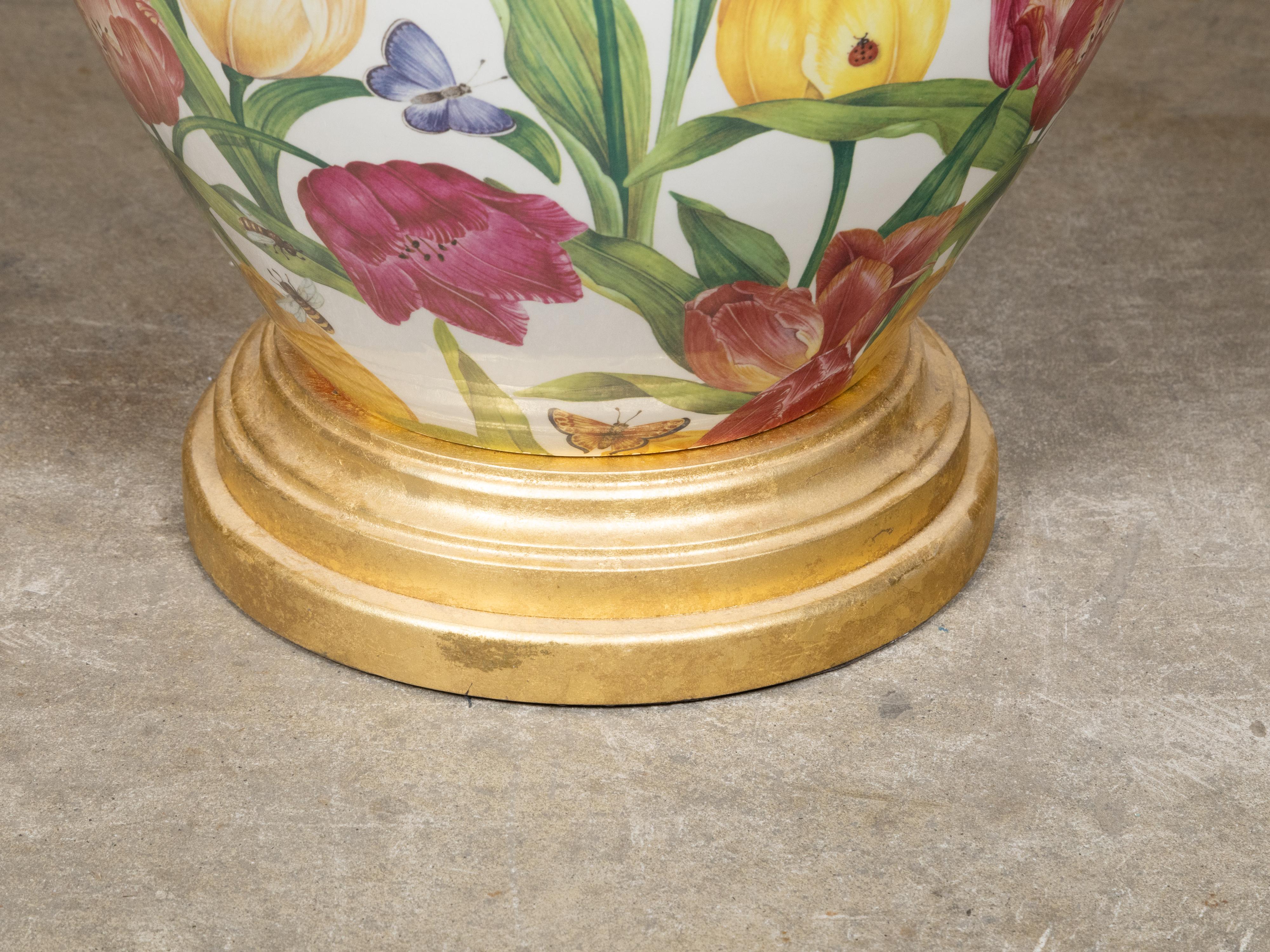 Brass Floral Porcelain Table Lamp with Single Socket on Giltwood Base, US Wired For Sale