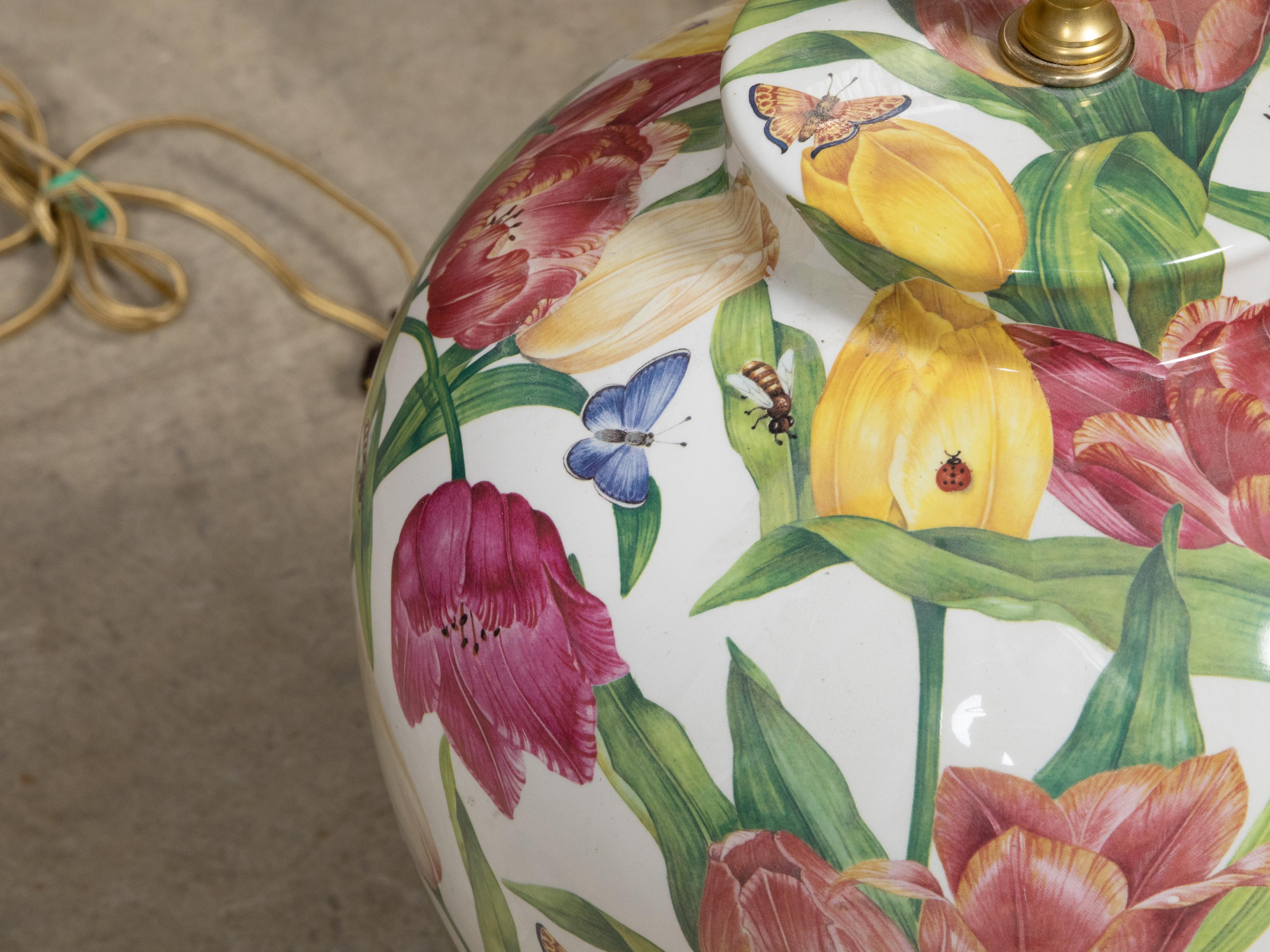 Floral Porcelain Table Lamp with Single Socket on Giltwood Base, US Wired For Sale 1