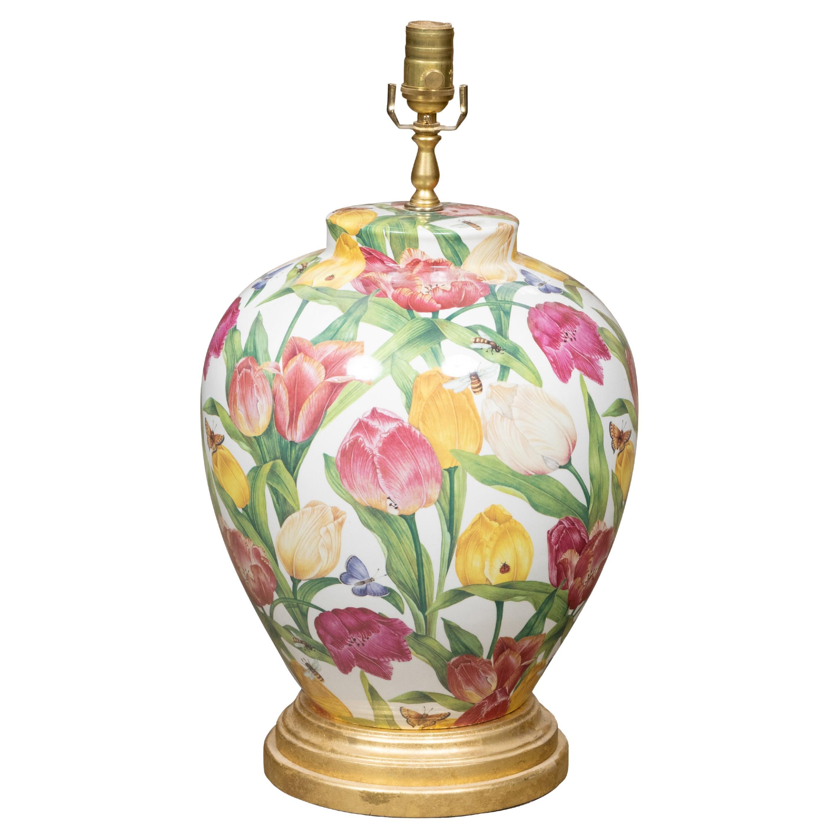 Floral Porcelain Table Lamp with Single Socket on Giltwood Base, US Wired