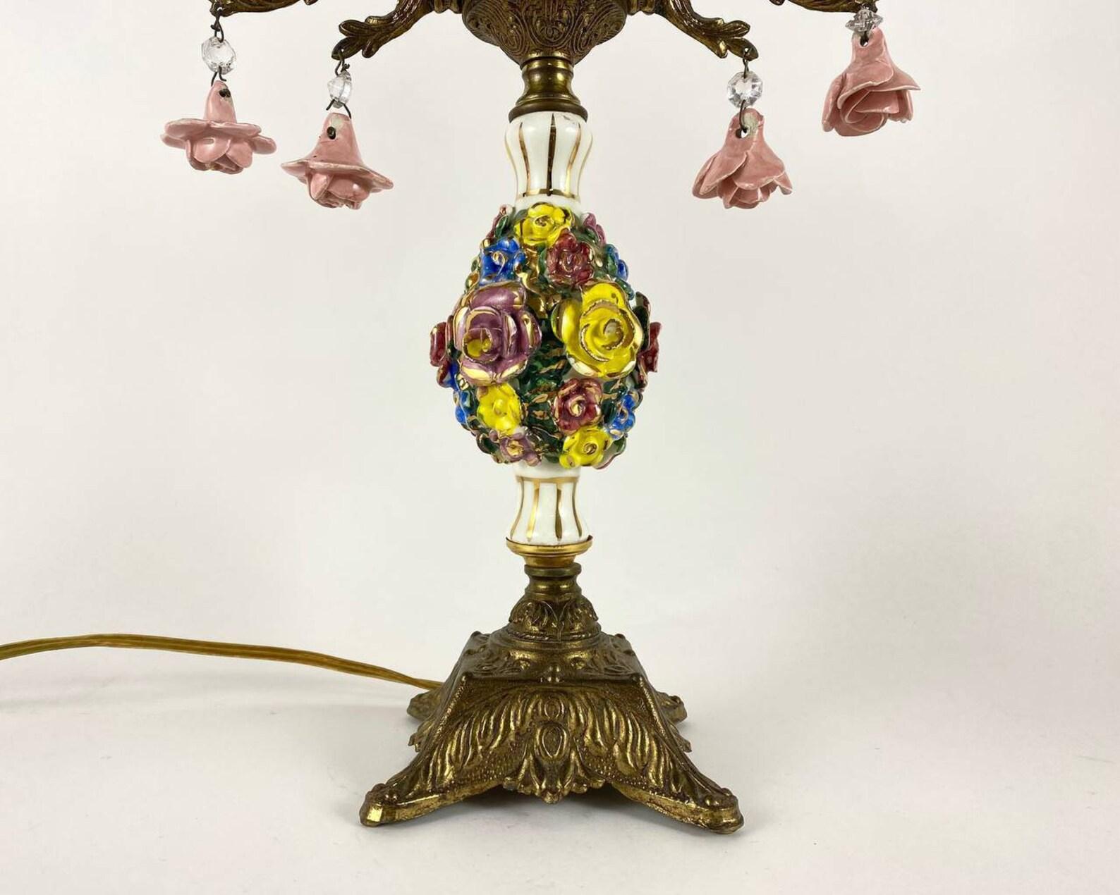 Mid-Century Modern Lampe de bureau vintage en porcelaine à motifs floraux, années 1980 en vente