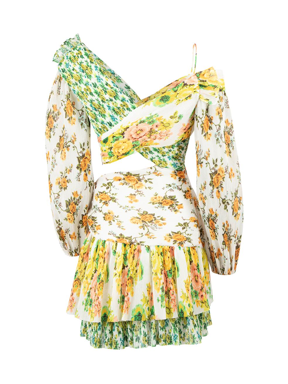 Beige Floral Print Asymmetric Pleated V-Neck Mini Dress Size M