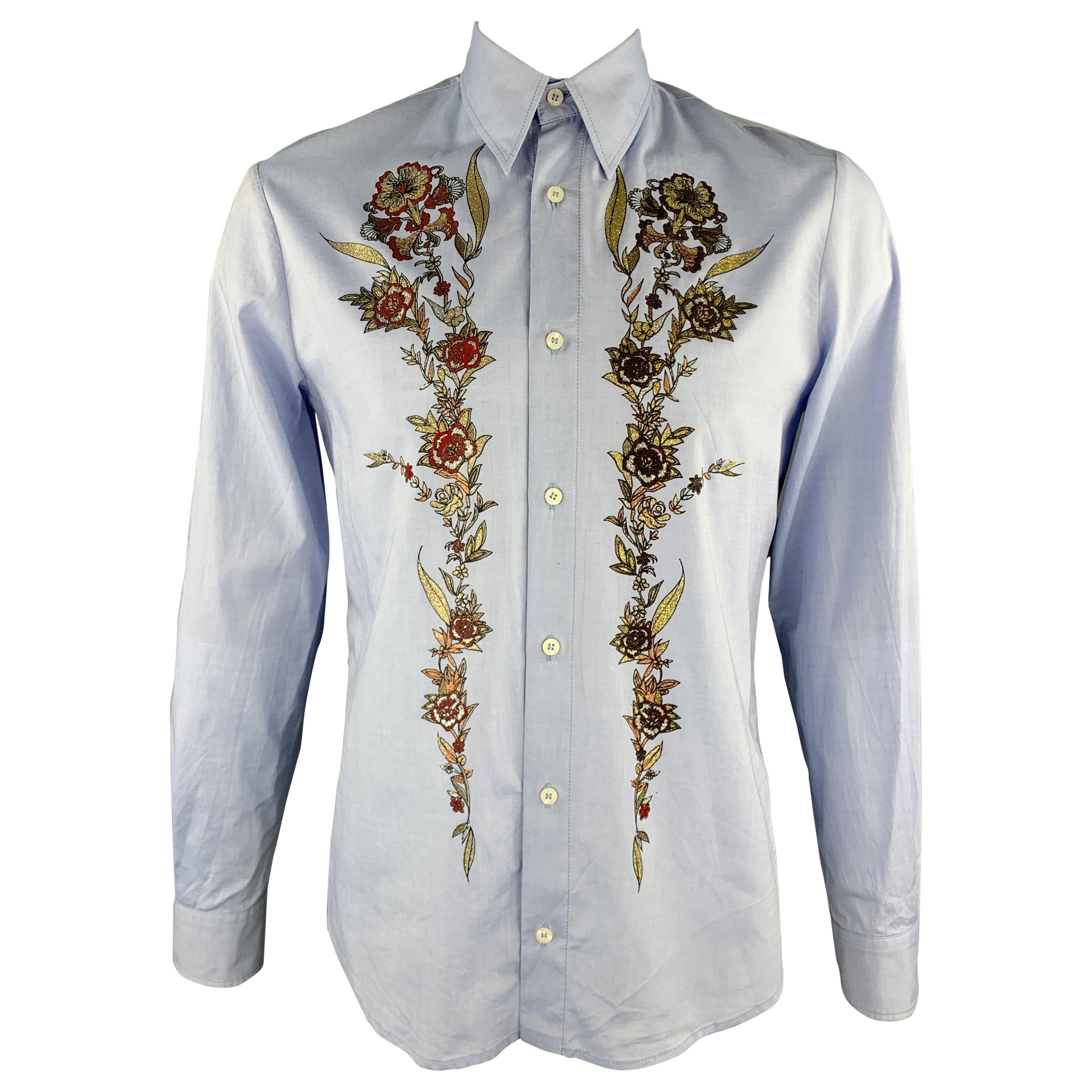  FLORAL PRINT DRESS SHIRT NEW JUST CAVALLI Size XXL Light Blue Glitter Shirt